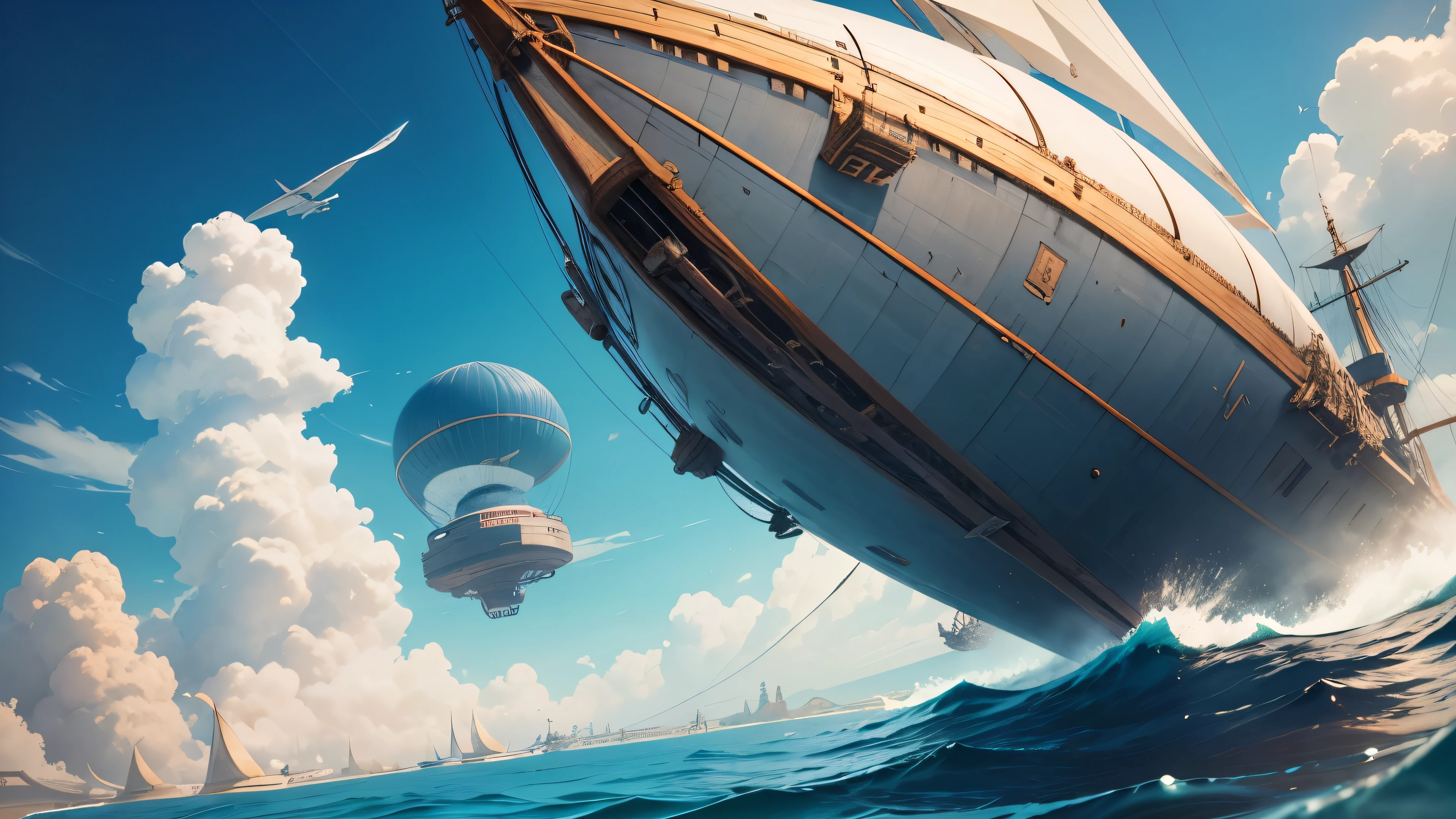 Harold McCauley, Anton Pike, surreal, mystery, Strange, fantastic, fantasy, Science Fiction, Japanese Anime, Airship moored at the sky dock, Mini skirt beauty swordsman runs towards the airship on the tether, Perfect plump body, Blue sky, cloud, 详细的杰作鸟瞰图surreal清晰焦点灯光屁股 