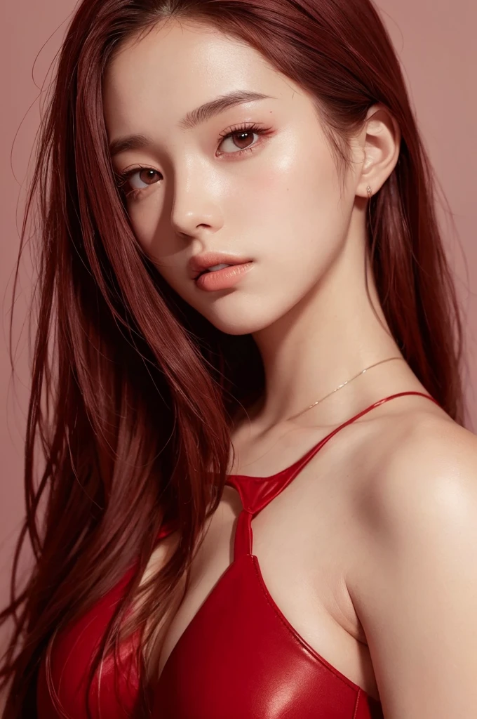 20 year old girl, sexy model, red theme, long hair, high contrast (Natural skin texture, Hyperrealism, Soft Light, sharp), portrait, standing, kpop