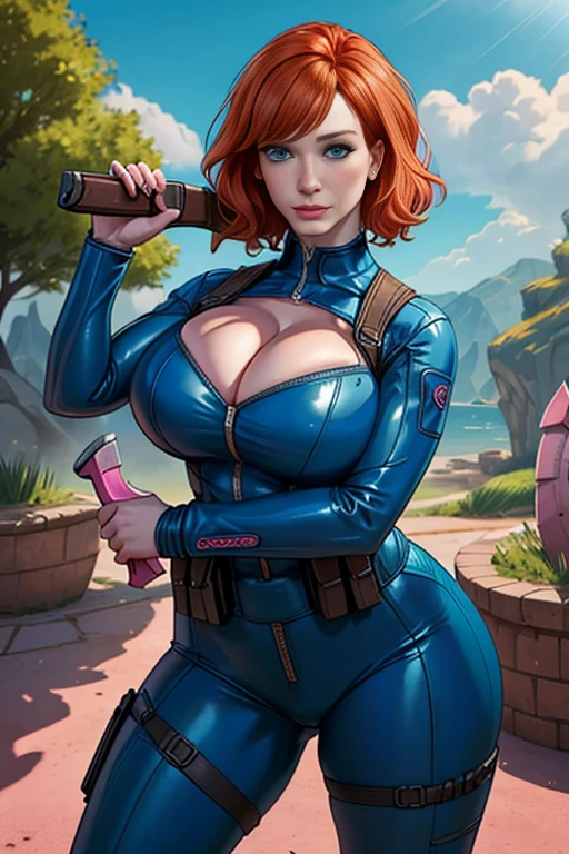 Imagine Christina Hendricks as a Fortnight character, Christina Hendricks as an video game character Christina Hendricks in a third person shooter video game, created in Drew Hill style. alluring 48 year old woman, High-quality facial research of Christina Hendricks, (Christina's sculpted cheekbones and slight wrinkles around the face), High-quality detailed research of Christina Hendricks voluptuous figure. Wearing a skin-tight blue leather suit, cleavage, utility belt, two pistols, ((holding a pink pick axe)), (((decent looking pink pick axe)))). Glamorous, confident expression, fierce and powerful stance.((aiming at the viewer with a gun)), action pose, dynamic pose. Dramatic lighting, high contrast, highly saturated colors, 8k wallpaper, Fortnight based environment, Fortnight based setting, daytime trees and rocks surrounding her
