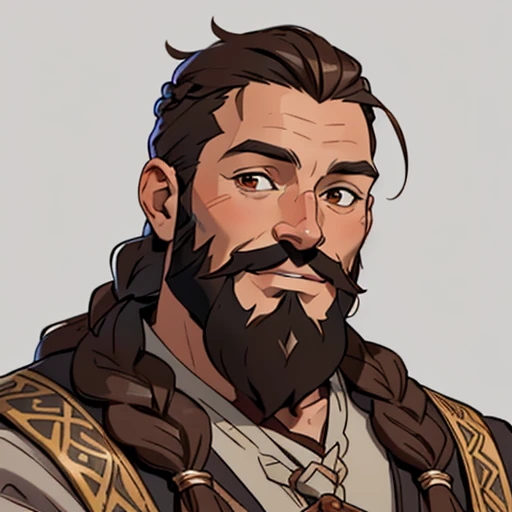 (masterpiece), (best quality),(portrait),selfie,1boy,solo,(sharp focus),Viking,brown hair,brown braid,brown beard,plenty of beard,braid beard, (tanned skin),(ancient man:1), silver clothes,ancient luxurious long clothes,(simple background),old school fantasy art,dwarf,Ultra Glossy skin,laugh,smile,