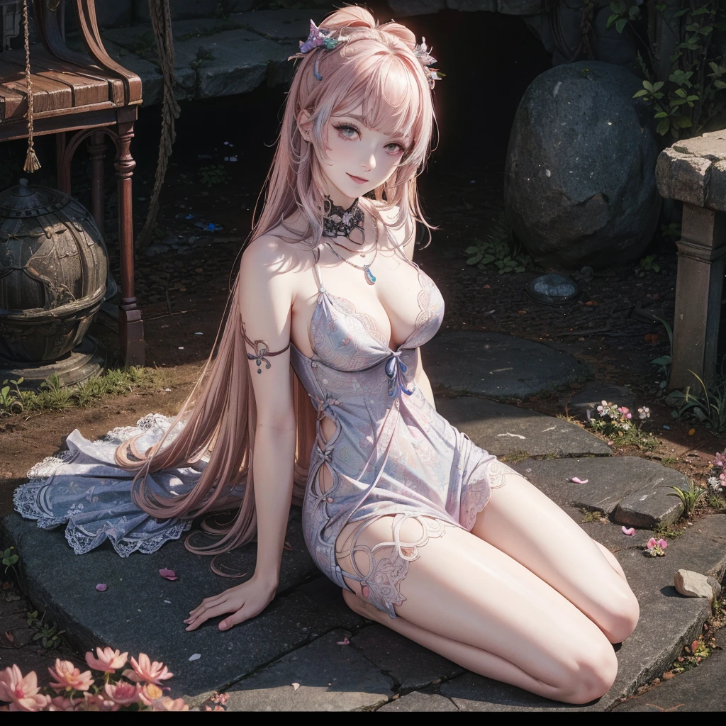 (msterpiece:1.3), (8k, RAW photo, best quality: 1.4), beautiful face, beautiful hairstyle, beautiful detailed eyes, beautiful skin, absurdres, attractive, ultra high res, highly detailed,NSFW, 1 girl in abandoned underground basement, big breast,facial close up,necklace,arms behind back,evil smile,knife,light long hair, ultra detailed skin,Heavy makeup, flower hairpin, naked,colorful patterned lace dress, dirty ground,on a rock,bondage,dirty rock,half body,spread legs, exposed pussy,