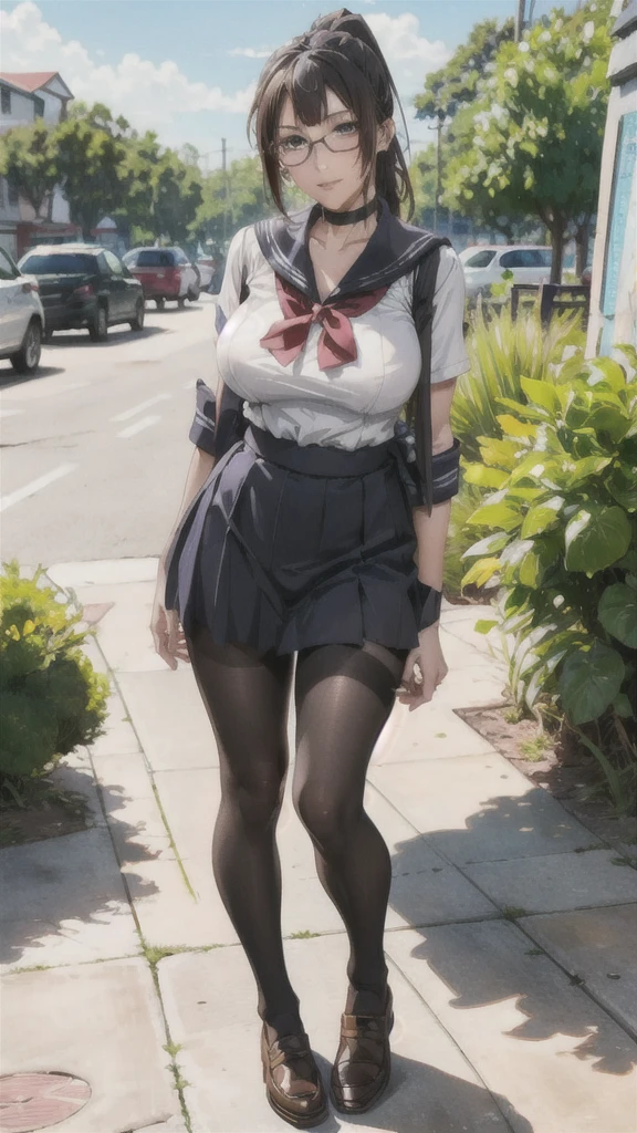 ((Correct Anatomy)),(Female student),((school uniform)),((Sailor suit)),((White lace panties)),(Mini Pleated Skirt),(((black tights))),Ultra-high resolution,Mature Woman, Mature Woman, Very detailed,Sunburned skin,Brown Skin,((Beautiful feet)),(Big Breasts),((Beautiful legs)),Perfect hands, Detailed fingers, Beautiful details, ((Long Hair)),((ponytail)),Black Choker, Earrings,loafers,Glasses,Embarrassing,Perfect Eyes, Captivating eyes,(School)