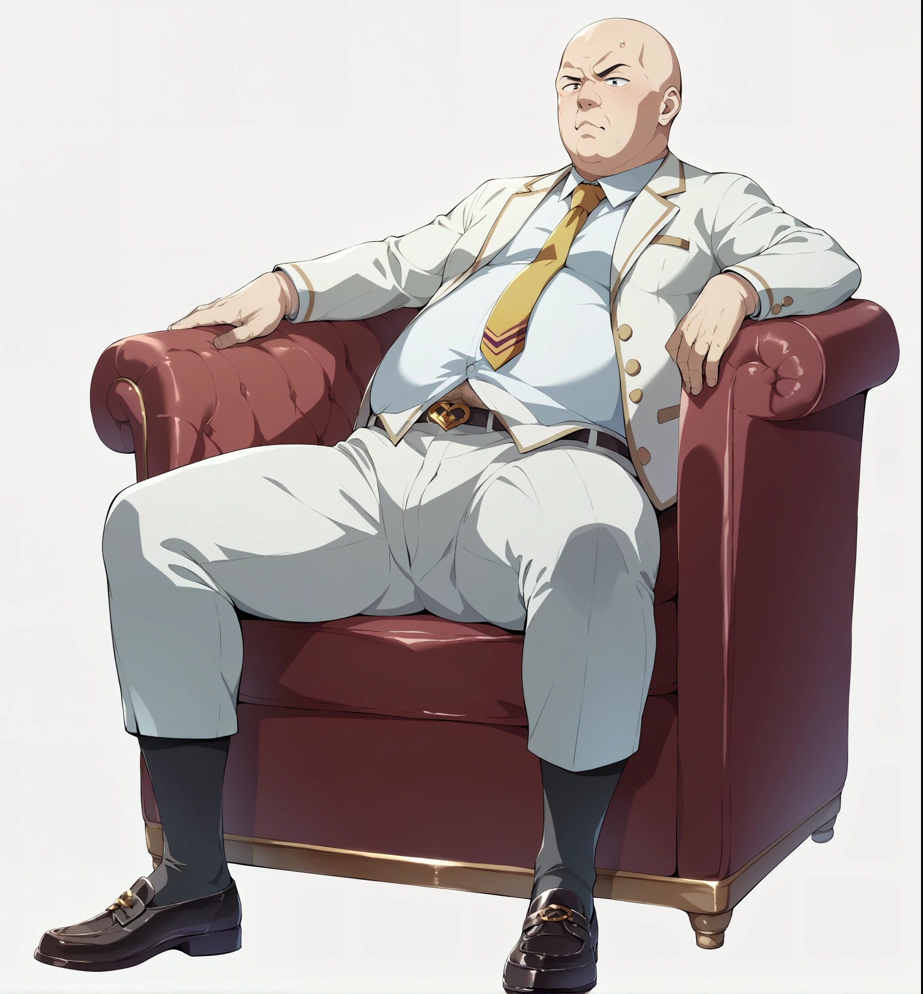 Ultra-detailed illustrations、Ultra-precise expression、masterpiece、Highest quality、ultra High resolution、High resolution、Hiromitsu Takeda Style、White background、Simple Background、sit、whole body、Luxurious sofa、Bulging crotch、Big crotch、White Suit、Black socks、One fat old man、Bald Head、No Face、solo、Leather shoes、White jacket、Gold tie、