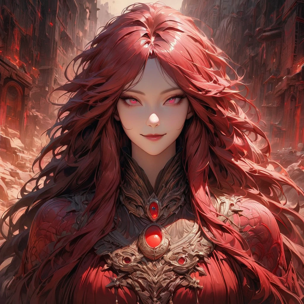 Walk in an apocalypse setting, [Best quality, shaded, extreme details, very detailed, ultra detailed, complex, realistic, perfect face], fenrir woman, thick fur, long hair, (red colored fur), almond eyes, smile discreet, serene face, wears a brooch around his neck.