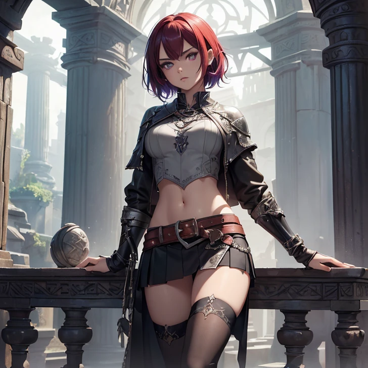 (absurdres, high fantasy artwork, best high quality image, carefuly detailed, very detailed features and textures, warcraft-aesthetic)
{{1character: 17 years old barbarian girl, (her appearance: scarlet red short hair, purple eyes with black pupils, medium chest, slender contexture, very thin lips, white skin), (she wears: scottish short skirt, grey leather shirt, silver metal belt between her scottish short skirt and belly), (her weapon: broad sword on her back), (she looks: Confident pose, very serious face, no sense of humor), (Scenery: Wooden irish cotage with ancient greek forniture and celtic forniture)}}