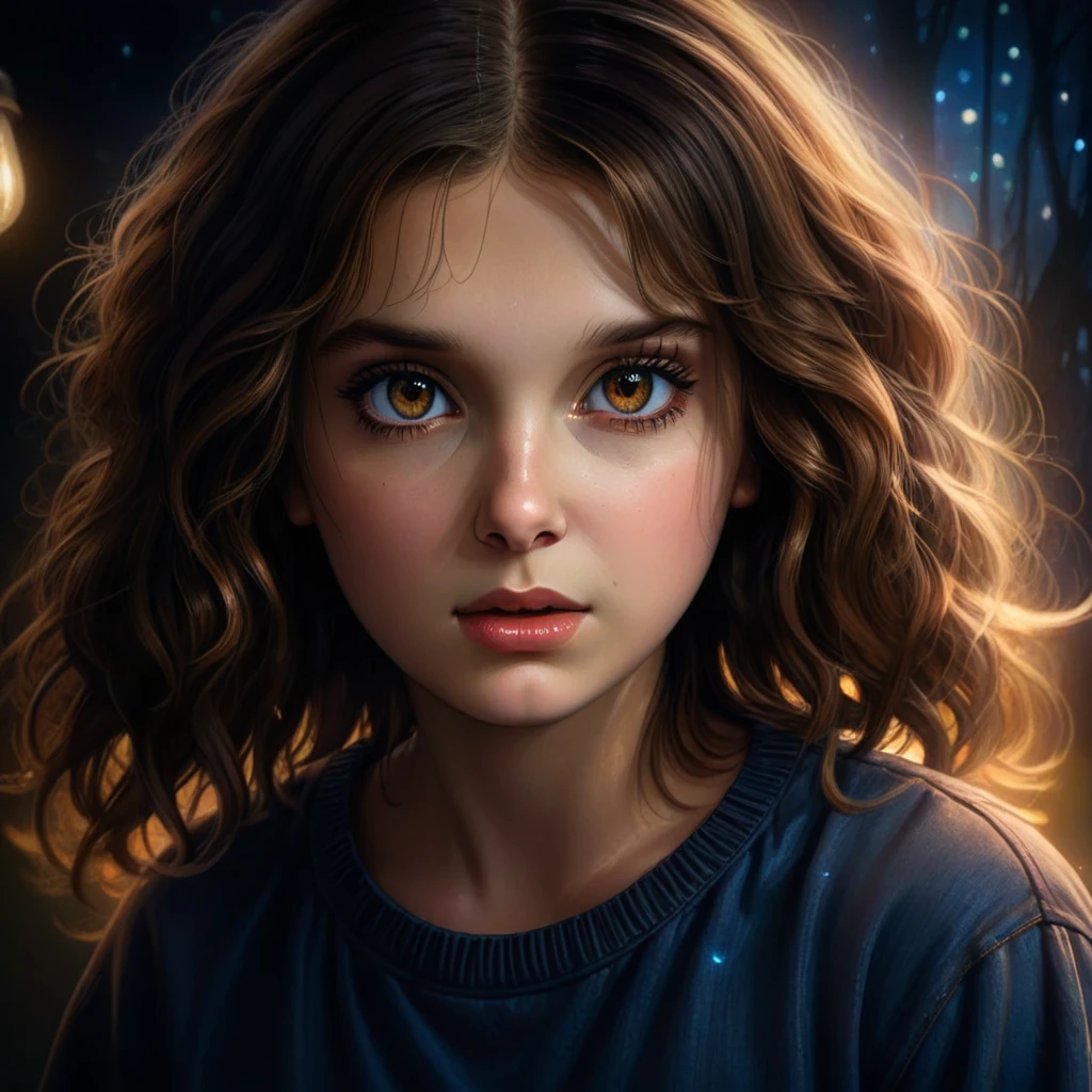 a young girl with beautiful detailed eyes, beautiful detailed lips, extremely detailed eyes and face, long eyelashes, photorealistic, hyperrealistic, 8k, highres, masterpiece, intricate details, extremely detailed, digital painting, oil painting, hyperrealistic, photorealistic, cinematic lighting, dramatic lighting, chiaroscuro lighting, warm colors, soft colors, realistic skin, detailed clothing, dynamic pose, emotive expression, fantasy, magical realism, stranger things