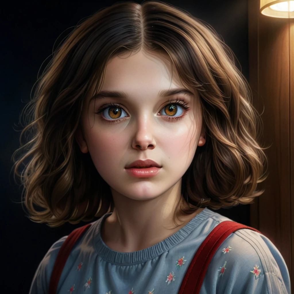 a young girl with beautiful detailed eyes, beautiful detailed lips, extremely detailed eyes and face, long eyelashes, photorealistic, hyperrealistic, 8k, highres, masterpiece, intricate details, extremely detailed, digital painting, oil painting, hyperrealistic, photorealistic, cinematic lighting, dramatic lighting, chiaroscuro lighting, warm colors, soft colors, realistic skin, detailed clothing, dynamic pose, emotive expression, fantasy, magical realism, stranger things