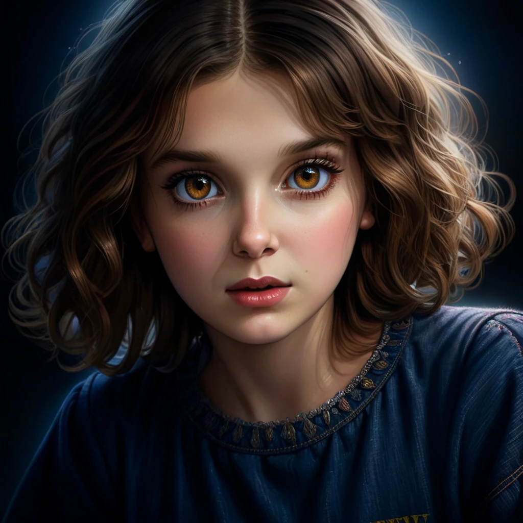 a young girl with beautiful detailed eyes, beautiful detailed lips, extremely detailed eyes and face, long eyelashes, photorealistic, hyperrealistic, 8k, highres, masterpiece, intricate details, extremely detailed, digital painting, oil painting, hyperrealistic, photorealistic, cinematic lighting, dramatic lighting, chiaroscuro lighting, warm colors, soft colors, realistic skin, detailed clothing, dynamic pose, emotive expression, fantasy, magical realism, stranger things