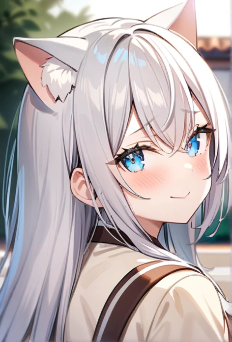 1girl,  alisa mikhailovna kujou,tokidoki bosotto roshia-go de dereru tonari no arya-san,solo, long hair, eyebrows visible through hair, hair between eyes, silver hair, hair ribbon, blue eyes, medium breasts, ((neko ears)),
from behind, portrait, looking to the side, horny smile, outdoors, closed mouth,
best quality, very aesthetic, absurdres, scenery,  