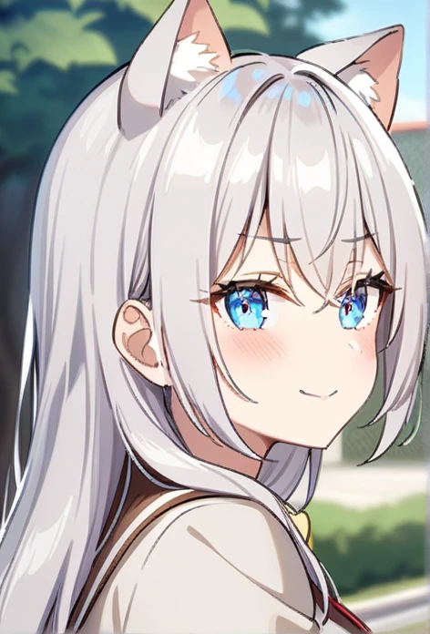 1girl, alisa mikhailovna kujou,tokidoki bosotto roshia-go de dereru tonari no arya-san,solo, long hair, eyebrows visible through hair, hair between eyes, silver hair, hair ribbon, blue eyes, medium breasts, ((neko ears)),
from behind, portrait, looking to the side, horny smile, outdoors, closed mouth,
best quality, very aesthetic, absurdres, scenery,