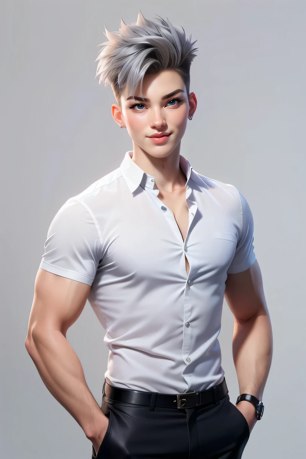 1  man (25yo) , , sexy pose, handsome face, punk hairstyle, , seductive smile, white shirt, short pants, gray background