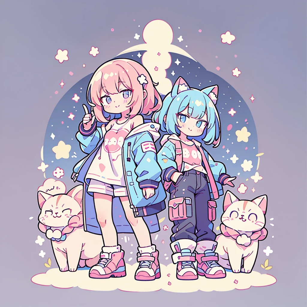 (Highest quality,masterpiece,Extremely complex and exquisite details),(Only a woman with gray-blue cat-eared hair is standing,Gray blue super long straight hair,Curly hair at the ends,Super thin air bangs,Gray pink T-shirt and denim hooded short jacket,Black and gray long cargo pants,pink and white sneakers,Smile slightly,Surrounded by tons of cute short-legged cats,Correct anatomy),light tone,Super Q cute 3D wireless painting style,Starry sky background vertical painting space scene