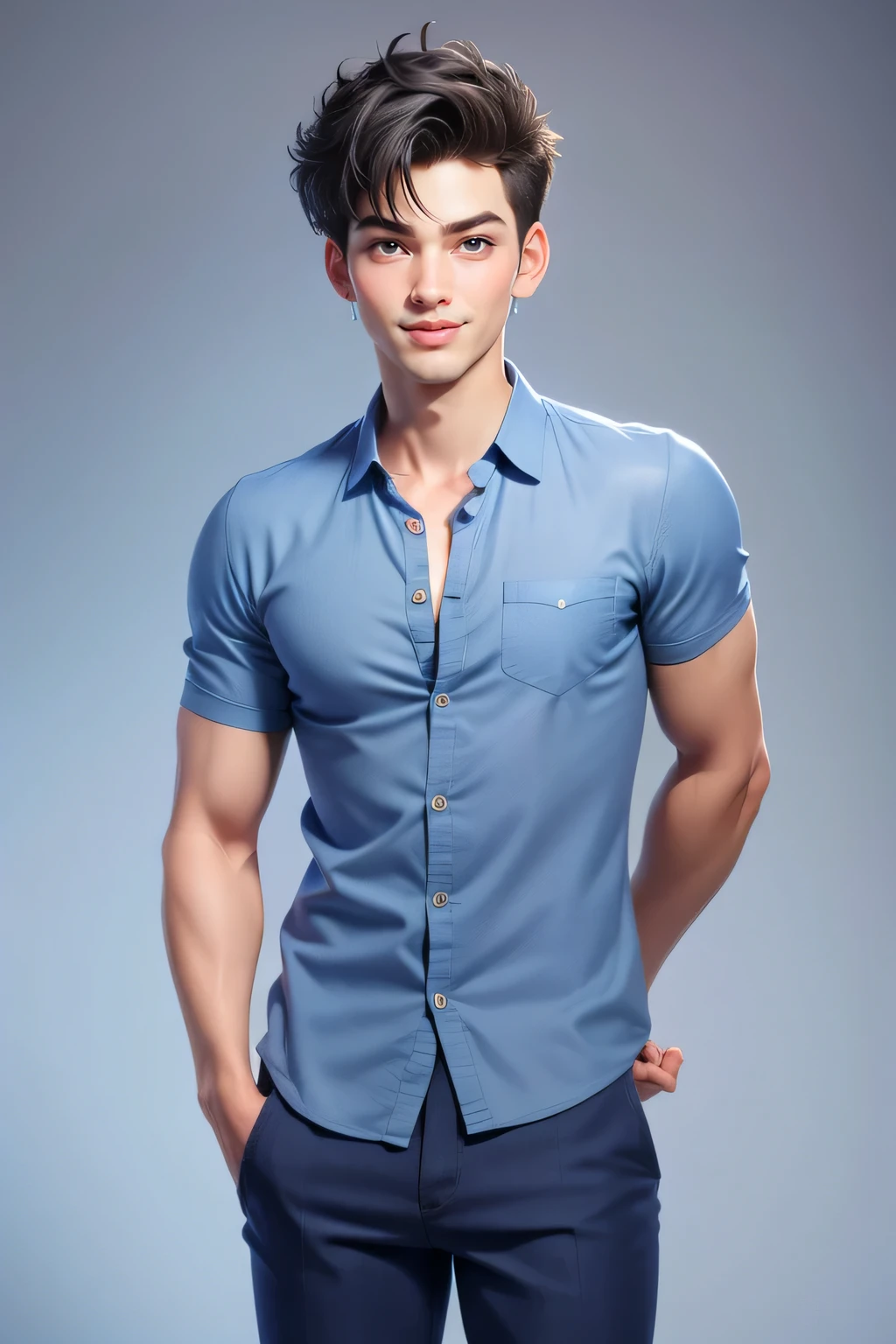 1 man (25yo) , , sexy pose, handsome face, random hairstyle, , seductive smile, blue casual shirt, short pants, gray background