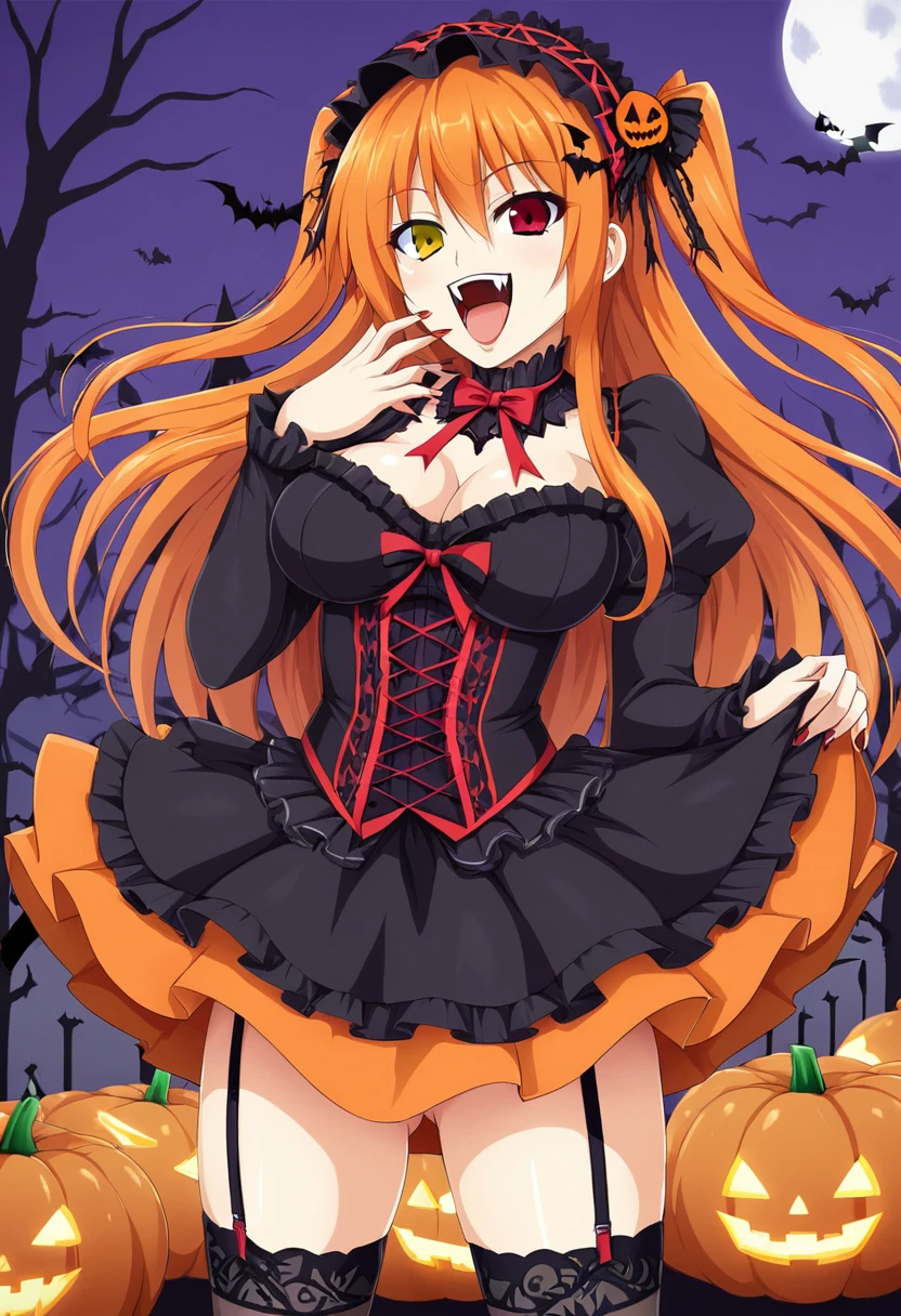 ,huge ,Gothic Lolita,Garter Straps,Laughing with your mouth open,tooth,vampire,Halloween,Orange Hair,hair ornaments,Heterochromia iridis,Best image quality,Highest quality