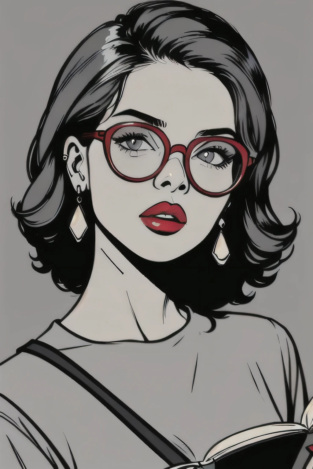 pop art,1girl,solo,reading glasses, shirt,jewelry,closed mouth,upper body,earrings,lips,looking at viewer,red lips,
(((Simple grey background)))