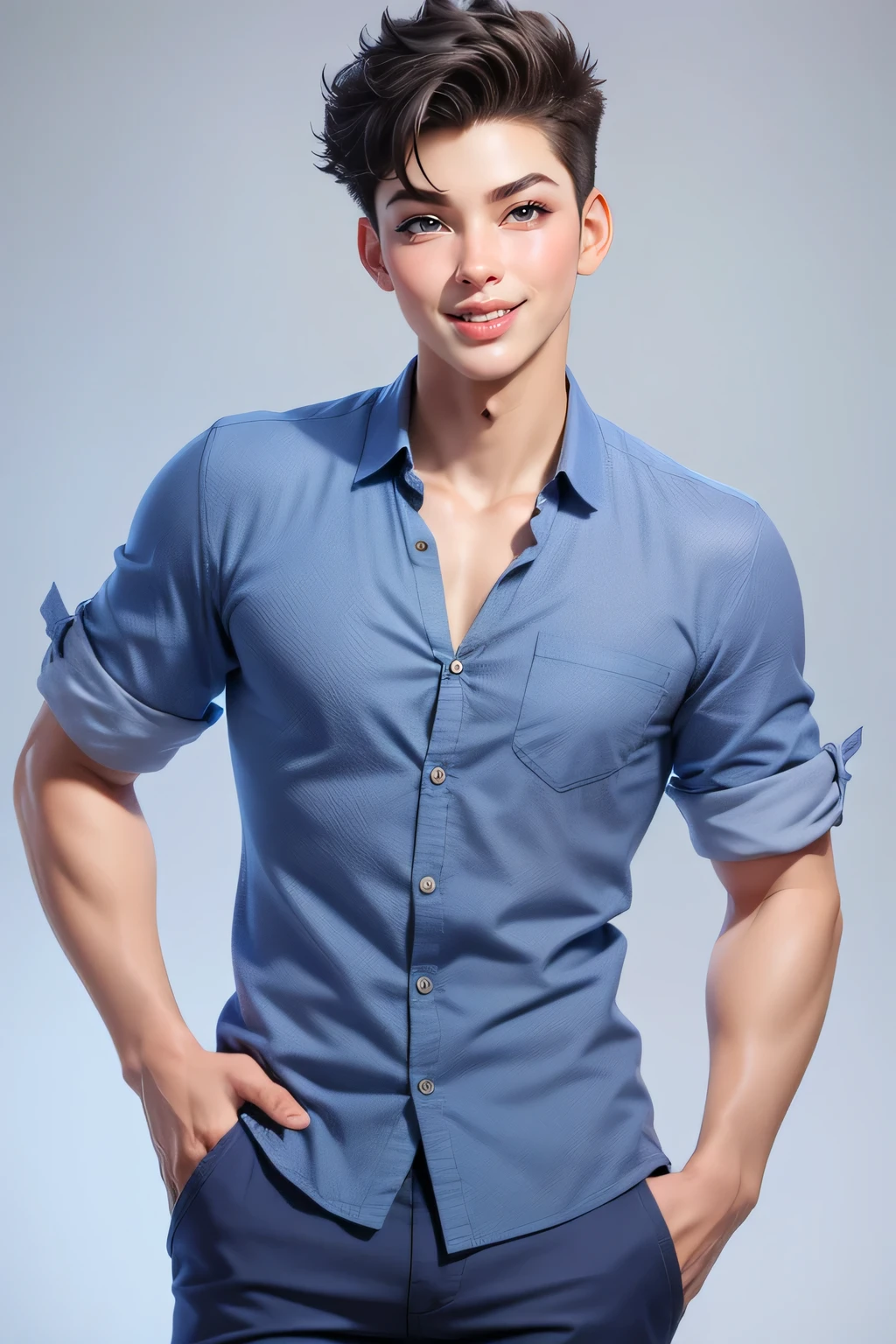 1  man (25yo) , , sexy pose, handsome face, random hairstyle, , seductive smile, blue casual shirt, short pants, gray background