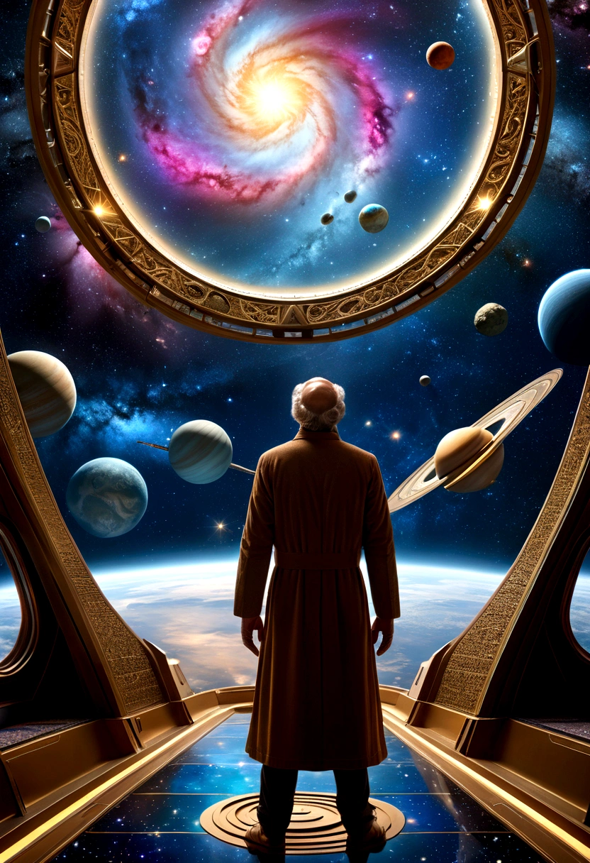 (Astrologer), An astrologer is interpreting fate on a complex star chart, with ancient runes and symbols next to it. The background is a flickering image of a galaxy, full body, (Photography), panoramic view, award-winning, cinematic still, emotional, vignette, dynamic, vivid, (masterpiece, best quality, Professional, perfect composition, very aesthetic, absurdres, ultra-detailed, intricate details:1.3)
