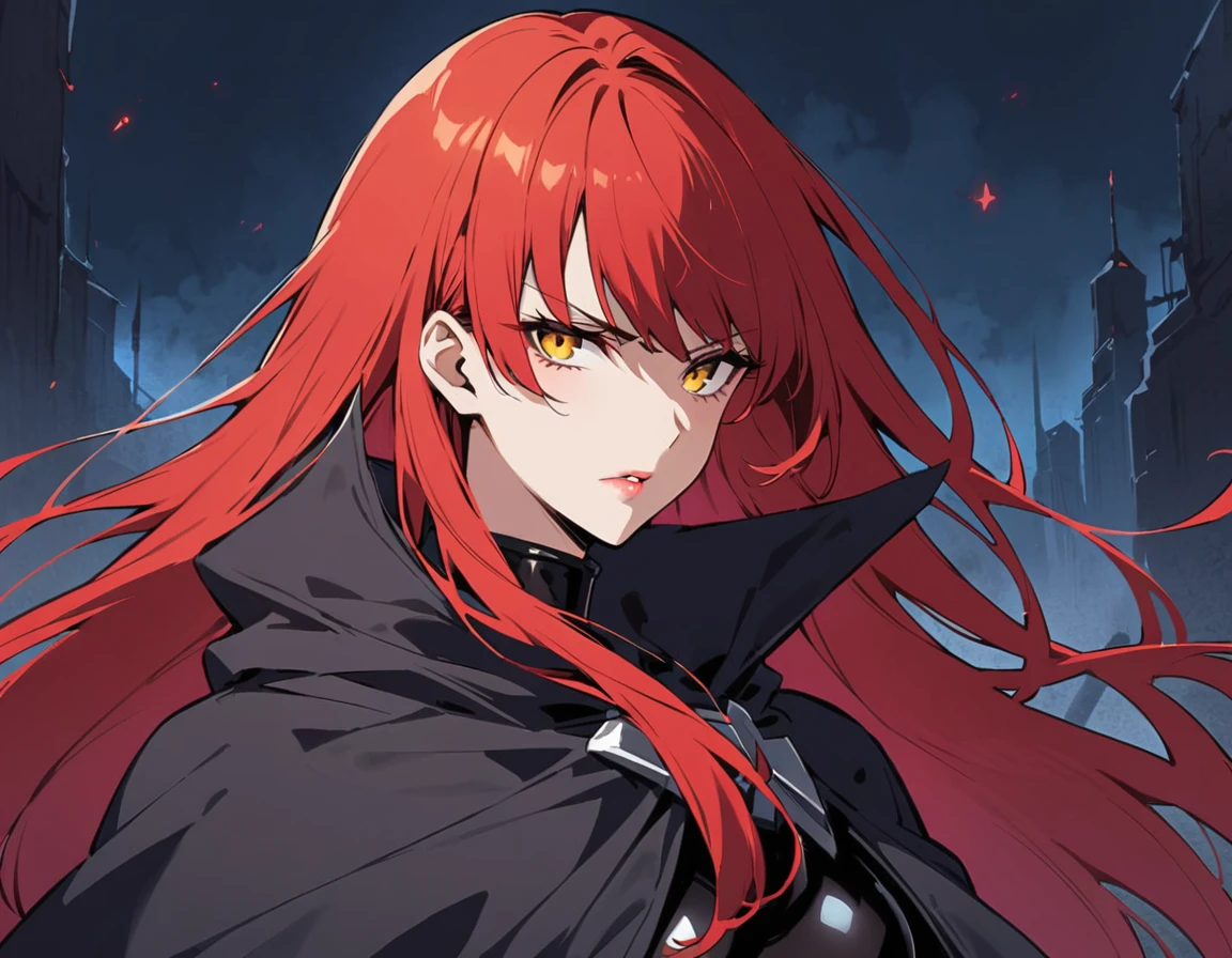 Long red hair, yellow eyes, evil, sexy, black and red clothes, cute hairstyle, evil face, evil, serious look, gloss lips, sinister, front look, bloody, gloves, (((half-body portrait))), beautiful eyes, (((black latex battle outfit))), big white, dark place, night, sensual, straight hair cut, clear skin, evil, young 30 years girl, adult girl, solo, red, very long hair, (((Older mature woman)))(((Black cloak)))