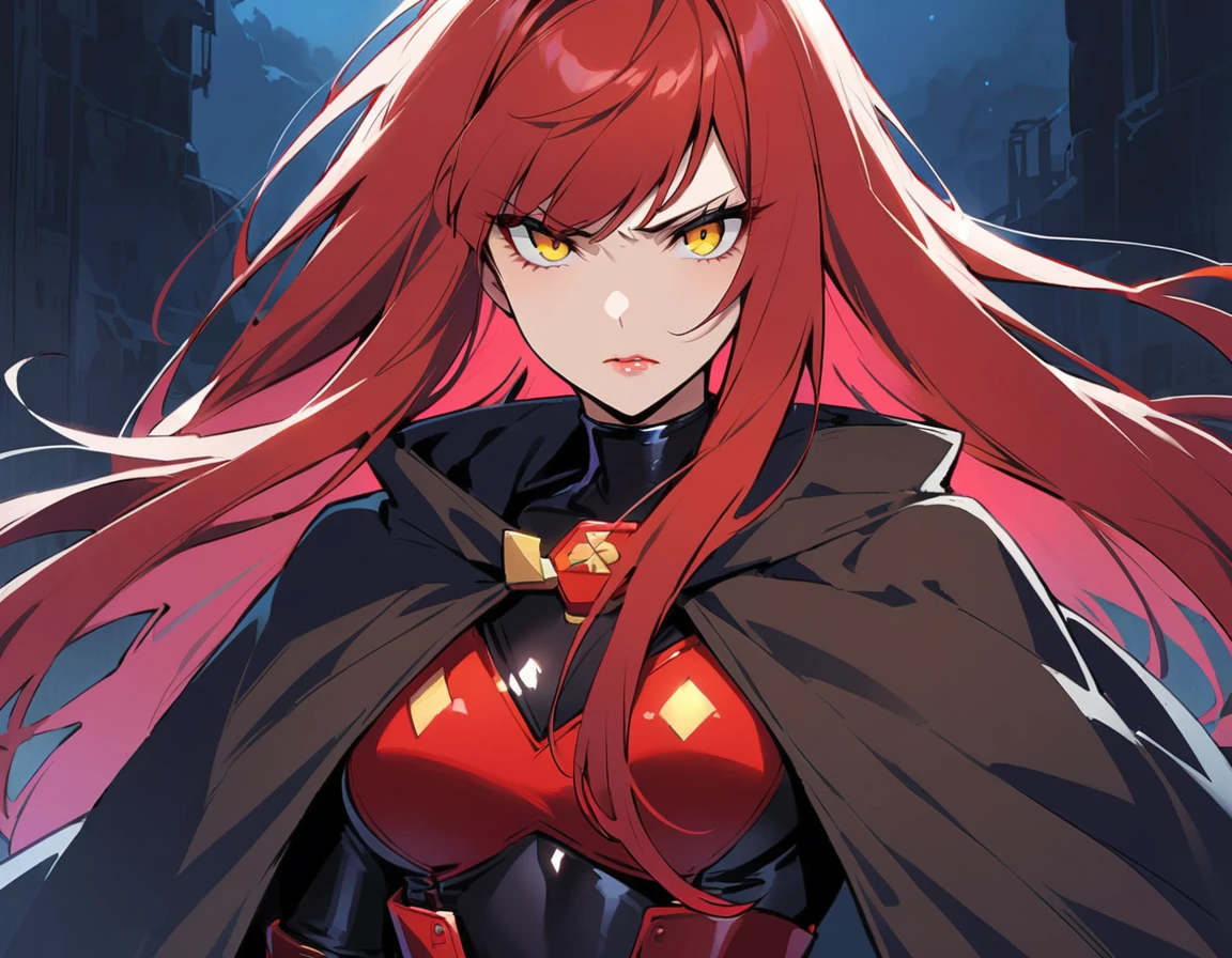 Long red hair, yellow eyes, evil, sexy, black and red clothes, cute hairstyle, evil face, evil, serious look, gloss lips, sinister, front look, bloody, gloves, (((half-body portrait))), beautiful eyes, (((black latex battle outfit))), big white, dark place, night, sensual, straight hair cut, clear skin, evil, young 30 years girl, adult girl, solo, red, very long hair, (((Older mature woman)))(((Black cloak)))