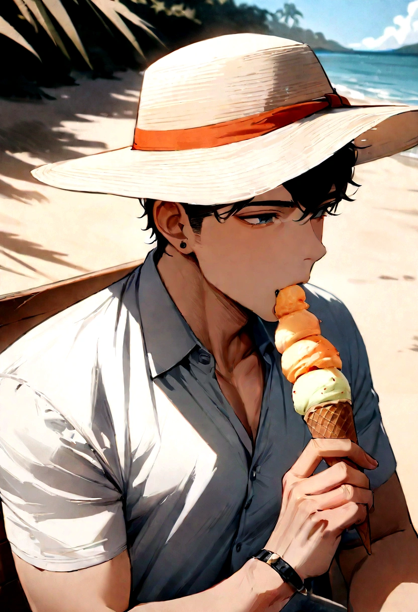  ((masterpiece, best quality, more detail)), ((1man)), Sharp image, eating ice cream at the beach, wearing a beach hat, handsome 