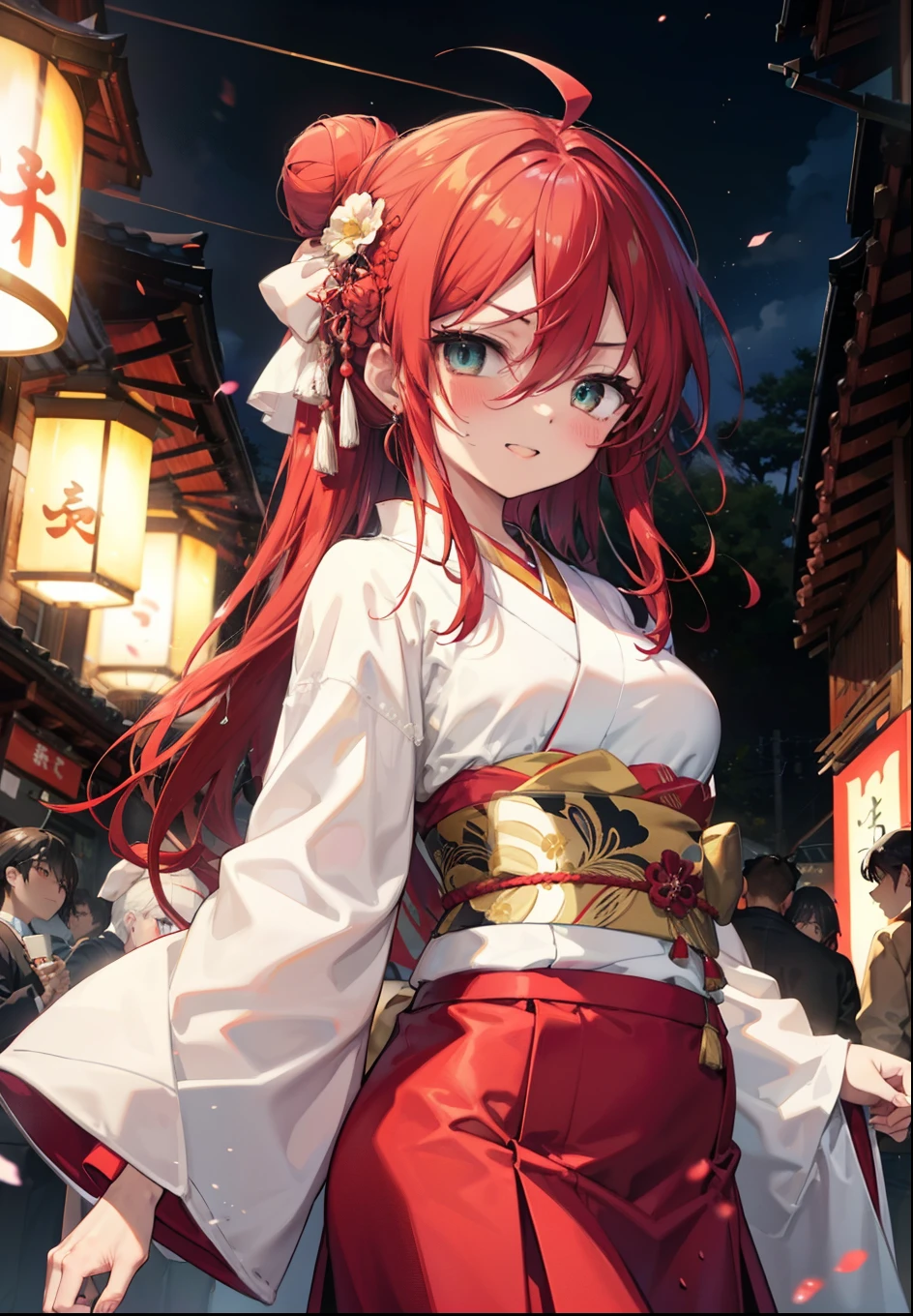 Shana,灼眼のShana,Long Hair, Red hair,Red eyes,Ahoge,smile,blush,Open your mouth,Hair Bun, single Hair Bun,blush,Red Kimono,Thick sleeves,Red long skirt,日本のfestival,夏festivalの屋台,Red lantern,So that the whole body goes into the illustration,Walking, break looking at viewer, Upper Body (Cowboy Shot:1. 5), break outdoors, shrine,festival, break (masterpiece:1.2), Highest quality, High resolution, unity 8k wallpaper, (shape:0.8), (Beautiful and beautiful eyes:1.6), Highly detailed face, Perfect lighting, Highly detailed CG, (Perfect hands, Perfect Anatomy),