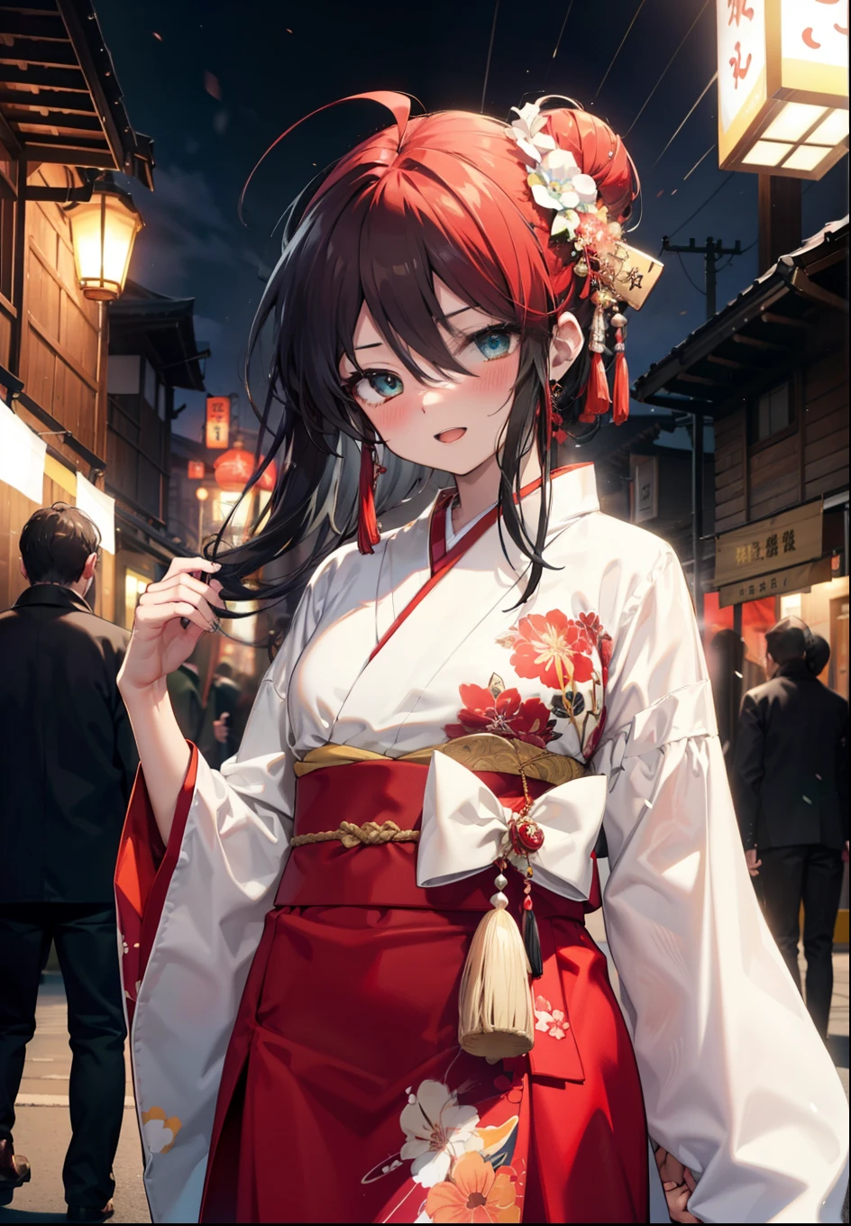 Shana,灼眼のShana,Long Hair, Red hair,Red eyes,Ahoge,smile,blush,Open your mouth,Hair Bun, single Hair Bun,blush,Red Kimono,Thick sleeves,Red long skirt,日本のfestival,夏festivalの屋台,Red lantern,So that the whole body goes into the illustration,Walking,　　　　　　　　　　　  break looking at viewer, Upper Body (Cowboy Shot:1. 5),  　　　　　　　　　　　　　　　　　　break outdoors, shrine,festival, 　　　　　　　　　　　　　break (masterpiece:1.2), Highest quality, High resolution, unity 8k wallpaper, (shape:0.8), (Beautiful and beautiful eyes:1.6), Highly detailed face, Perfect lighting, Highly detailed CG, (Perfect hands, Perfect Anatomy),