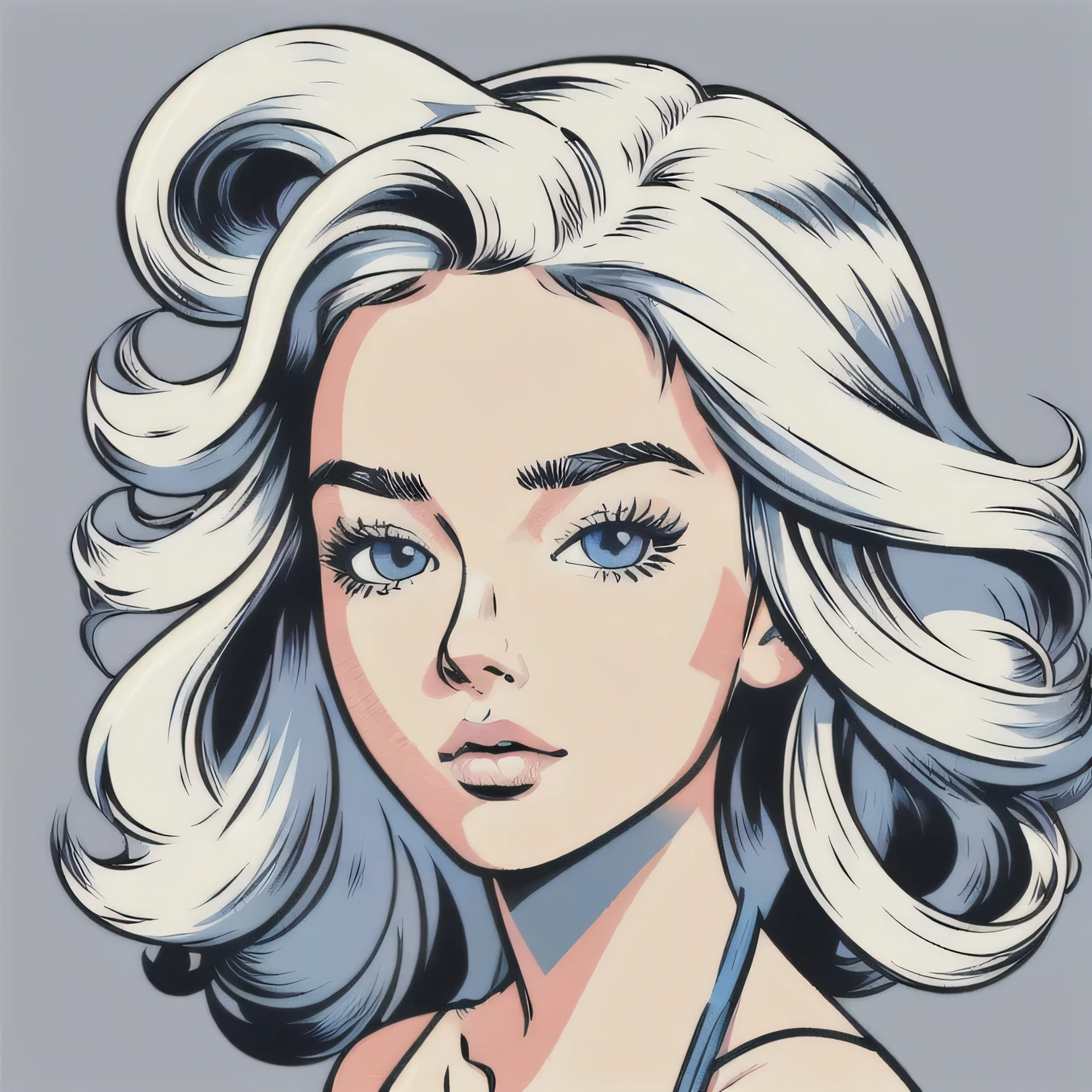 Flat Color, 25 year old surfer girl, Sunburn, ([blue eyes]) Long white wavy hair, Natural beauty, beautiful, casual, White tank top, masterpiece, Pop Art, close, Portraiture, Anime Style, Simple and bold colored line art, Manga style illustration, Cartoon Art Style, Digital illustration style, highly detailed character design, Cute and detailed digital art, beautiful digital illustration, high quality Portraiture, Comic art, Character Design Portrait, (([Simple gray background])) Pop Art, 
