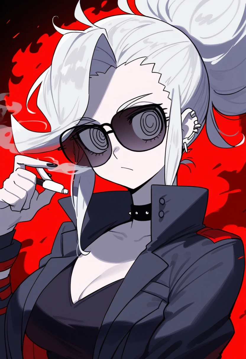 She has a sharp and angular face with high cheekbones, giving her a striking appearance. Her hair is short, spiky, and colored in a dark shade with fiery red highlights, reminiscent of Justice from Helltaker.
Eyes and Glasses: Her eyes are a piercing shade of red, filled with intensity and confidence. She wears sleek, rectangular eyeglasses that add to her intellectual and edgy look.
Outfit:
Jacket: She wears a stylish, form-fitting jacket that enhances her figure. The jacket is predominantly black with red accents, featuring bold patterns or insignias similar to Justice's aesthetic. It has a high collar and slightly oversized sleeves, giving her a rebellious vibe. The overall color theme is a mix of dark shades (black, charcoal gray) with fiery red accents. This combination creates a striking and intense visual effect, much like Justice from Helltaker.
Background: The background is simple and dark, ensuring that the focus remains on her. It might have subtle elements that hint at a modern, urban setting.
Top: Underneath the jacket, she wears a fitted, dark-colored top that complements her jacket, possibly with a graphic design or logo.
Accessories:
Cigarette: She casually holds a cigarette between her fingers, exuding a sense of nonchalance and coolness.
Jewelry: She wears minimal but edgy jewelry, such as a choker or simple earrings, to keep the focus on her overall appearance.