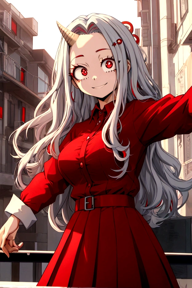 (masterpiece:1.2), (Anime2D style:1.2), (best quality),((2D anime style:1.3)), (detailed skin:1.3), (intricate details), dramatic, ray tracing,finely detailed, quality,Anime2D style  lighting,huge breasts,1girl,eri, long hair, (red eyes:1.5), grey hair, horns, , single horn,shirt, long sleeves, dress, white shirt, collared shirt, red dress, pleated dress,cowboy shot,smile,looking at viewer,(outdoors,dynamic pose)