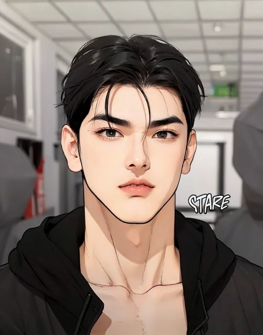 Handsome boy, black hair, brown eyes, wearing black jacket