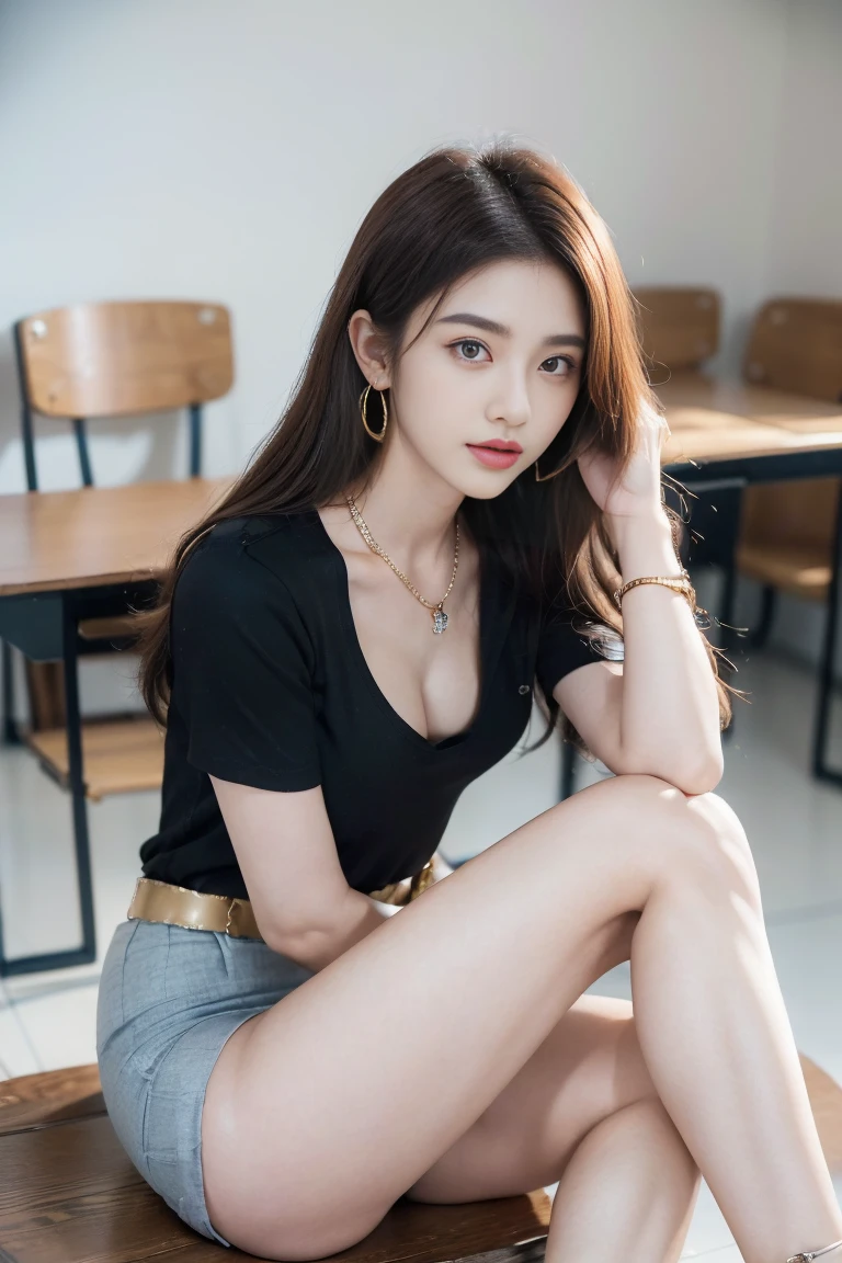 (8K,high resolution,Masterpiece, best quality, alone, complicated details, Chromatic aberration), realistic, ((middle bust)), hair in one eye, big round hoop earrings, Diamond choker, Gold Necklace, silver necklace, small watch, bangle, bracelet, bangleข้อเท้า, waist necklace, (symmetrical eyes),(Perfect symmetrical body), (Photo of a beautiful 24 year old teenage girl), Beautiful and charming with contemporary fashion paintings as well......., looking at the audience, ((Behind the scenes of a large classroom)), (black short skirt), (((Wear a blue shirt over มัน...., ((whมันe short sleeve, Open chest shirt), ((Open your shirt and show a little of your breasts....., very good,)), (), (Sagging breasts.))), (()), (Long square leather belt buckle), ((Put your hands down.)), (Bob, medium length hair, pinch, Side flatness, brass colored hair, (There is a thin layer of hair covering the face..........)), sharp eyeliner, eyelid, Blush, have thick eyelashes, sharp eyes, purple eyes, pink cheeks, Very delicate and beautiful, round chin, Sharp focus, elegant, (Open your legs on the study table..........), (Soman turns his head to look at the camera.......), (Open your legs and lift your right leg over your left leg..........), (Close-up photo, Shot from the shin below the knee....),, (Sagging breasts.), camel toe, (sitting on the table reading a book..), (Sit with your legs apart....., free feet, Show off faded underwear), (), (Close-up full body photo, Saw black stilettos.....
