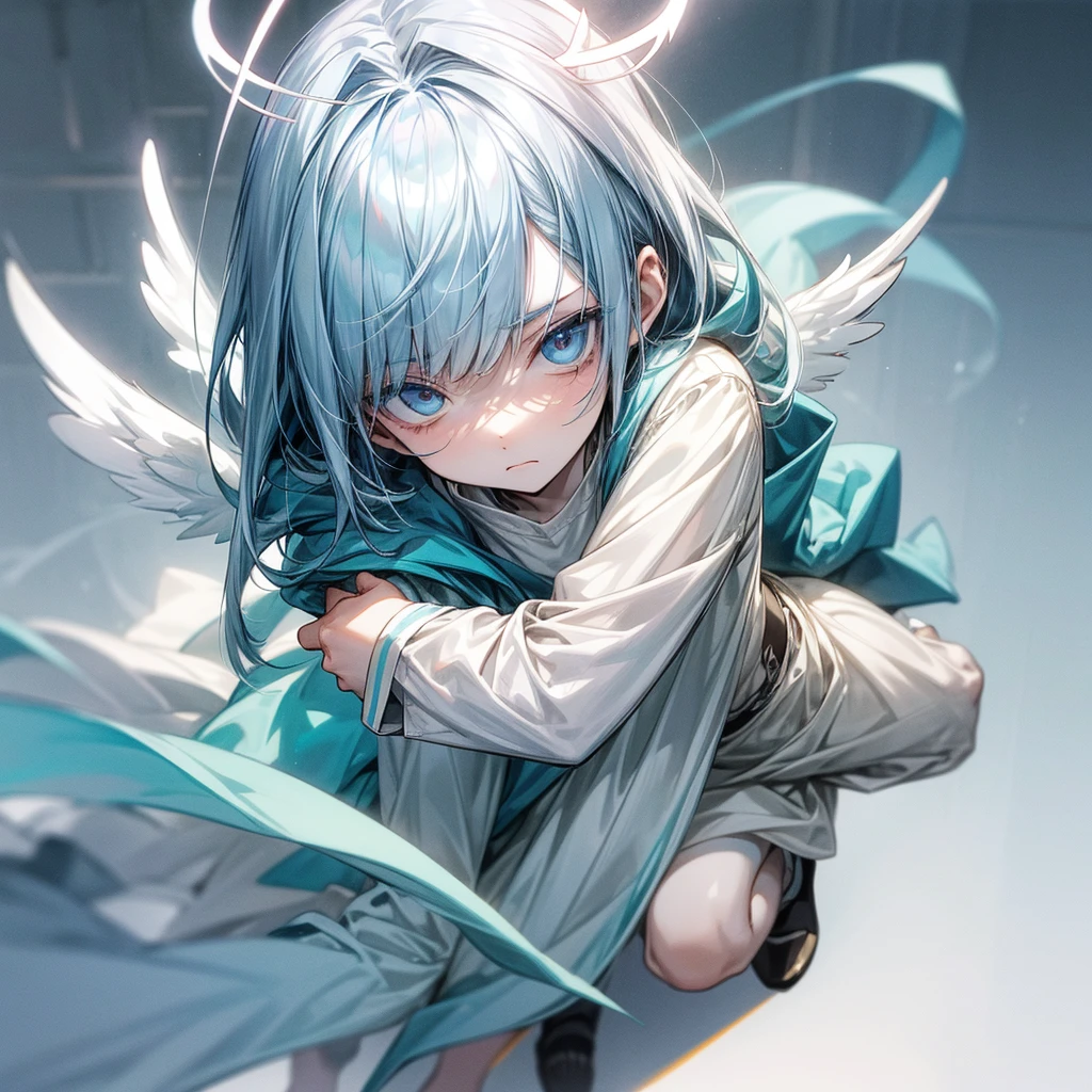 1boy, pale blue hair, straight bangs, small, thin, neutral expression, very pale skin, comfy clothes, angel, cute boy, concept art, serious, halo, 1fullbody + 1headshot
