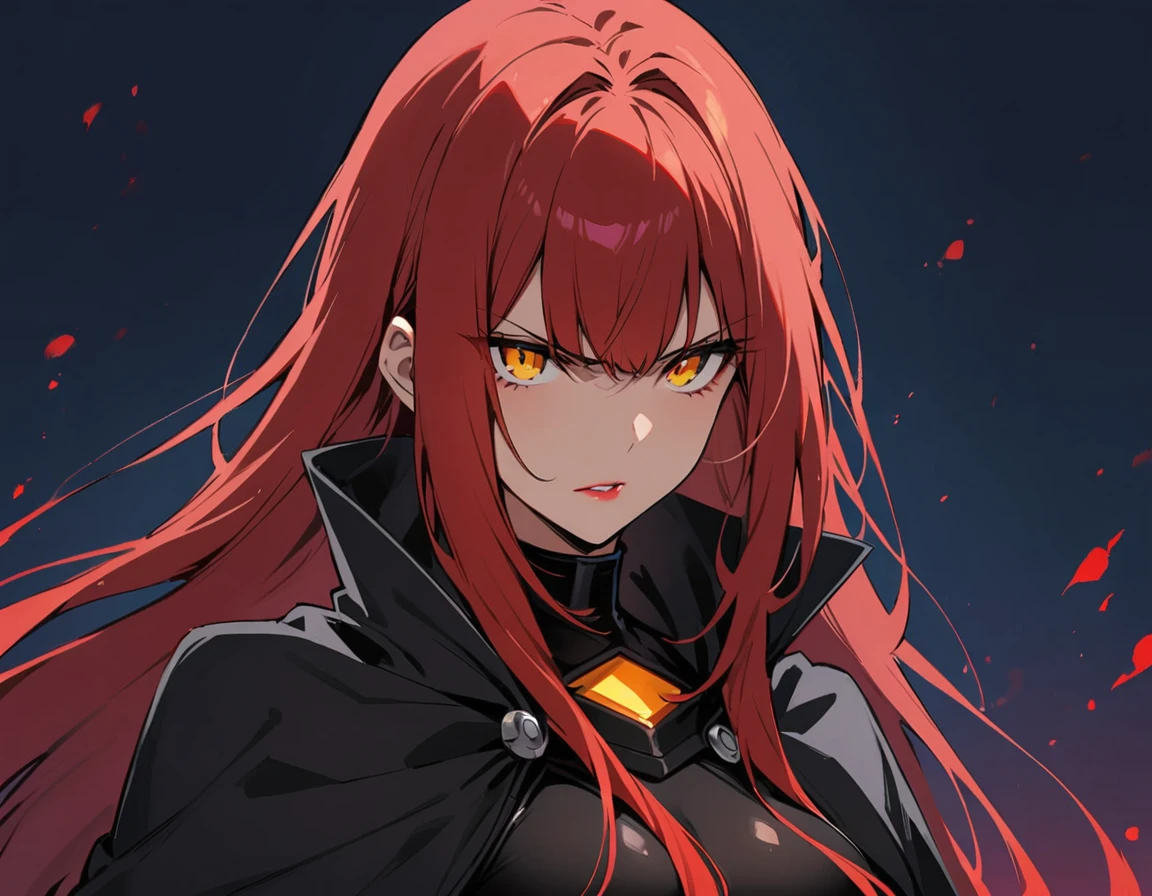 Long red hair, yellow eyes, evil, sexy, black and red clothes, cute hairstyle, evil face, evil, serious look, gloss lips, sinister, front look, bloody, gloves, (((half-body portrait))), beautiful eyes, (((black latex battle outfit))), big white, dark place, night, sensual, straight hair cut, clear skin, evil, young 30 years girl, adult girl, solo, red, very long hair, (((Older mature woman)))(((Black cloak)))