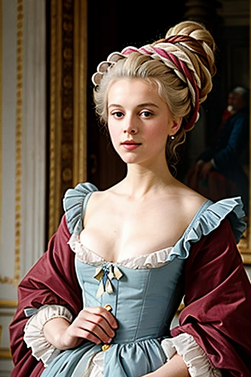 beautiful Marie-Antoinette sitting on a chair in Versailles smiling