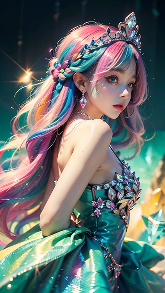 best quality，masterpiece，16k，1littlebaby Prettybaby  bangs, bare shoulders, breasts, crown, crystal, dress, from side, gem,Colorful crystals,Crystal Headwear,There are many crystals on the clothes,Colorful gradient hair,Colorful Dress,Floating Colorful Crystal,Crystal on the body,Crystal necklace,Colorful crystal decoration,Crystal Girl, gradient hair, jewelry, long hair, makeup, medium breasts, multicolored hair, pink hair, solo, tiara