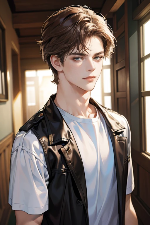 (tmasterpiece, high resolution, ultra - detailed:1.0), (1male, masculine face), Perfect male body, Adult male, Delicate eyes and delicate face, Extremely detailed CG, Unity 8k wallpaper, Complicated details, Detailed face, (brown hair, messy hair, serious faces, white T-shirt,Bad students), (frown,evil smile:1.3), Standing in school corridor,black leather jacket, color difference, Depth of field, dramatic shadow, Ray tracing, Best quality, Cinematic lighting, offcial art,Portrait