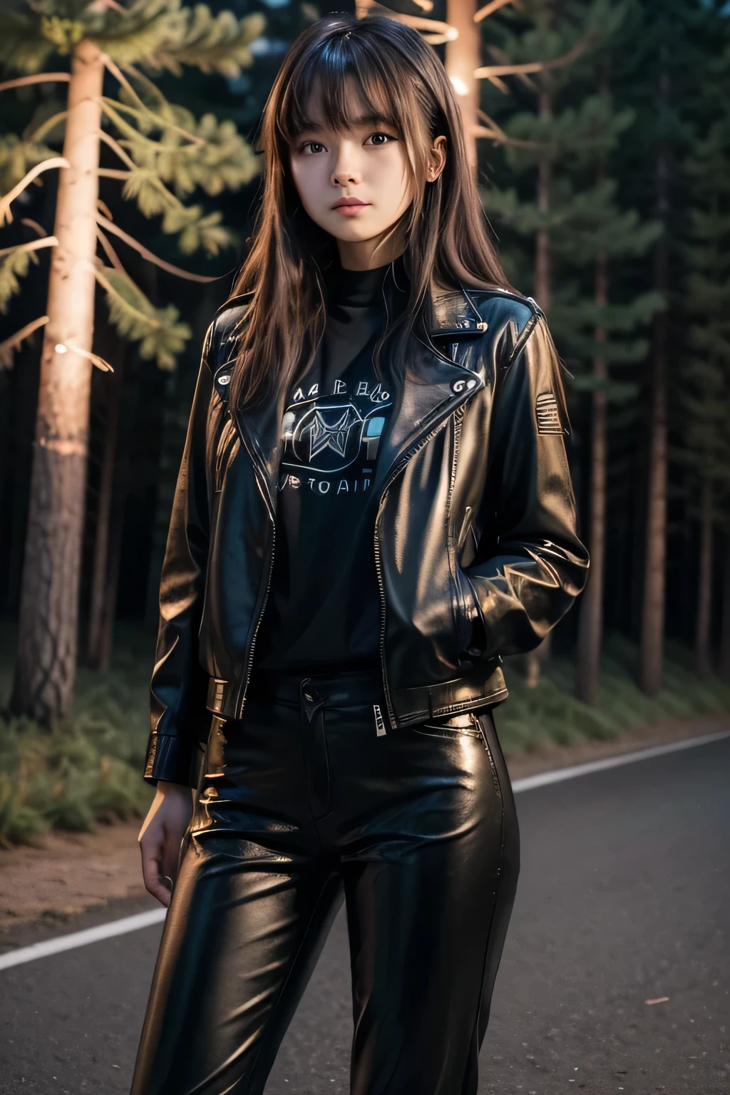 natta, natta, Starry Cèu, Woman with long brown hair and bangs, in front of a clandestine race track full of pine trees at night, leaning against a motorcycle, dressed in black leather jacket and black pants