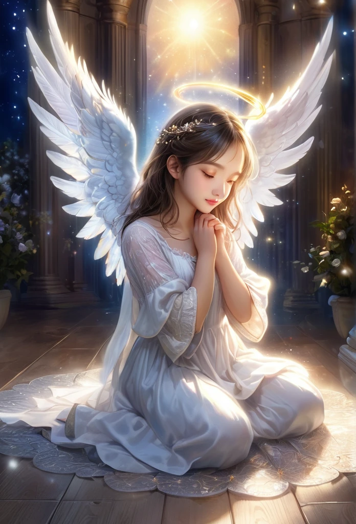  (abot 4 years)angel, delicate angel wings,knelling on the floor,bright night,holdin a dove, Magic background(refined details),(art work),(high quality)