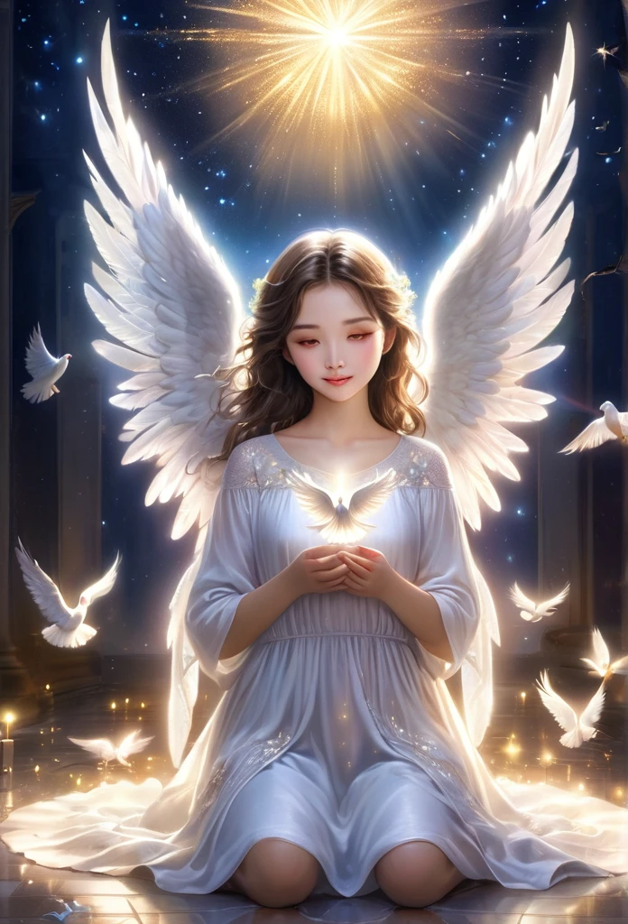 (abot 4 years)angel, delicate angel wings,knelling on the floor,bright night,holdin a dove, Magic background(refined details),(art work),(high quality)