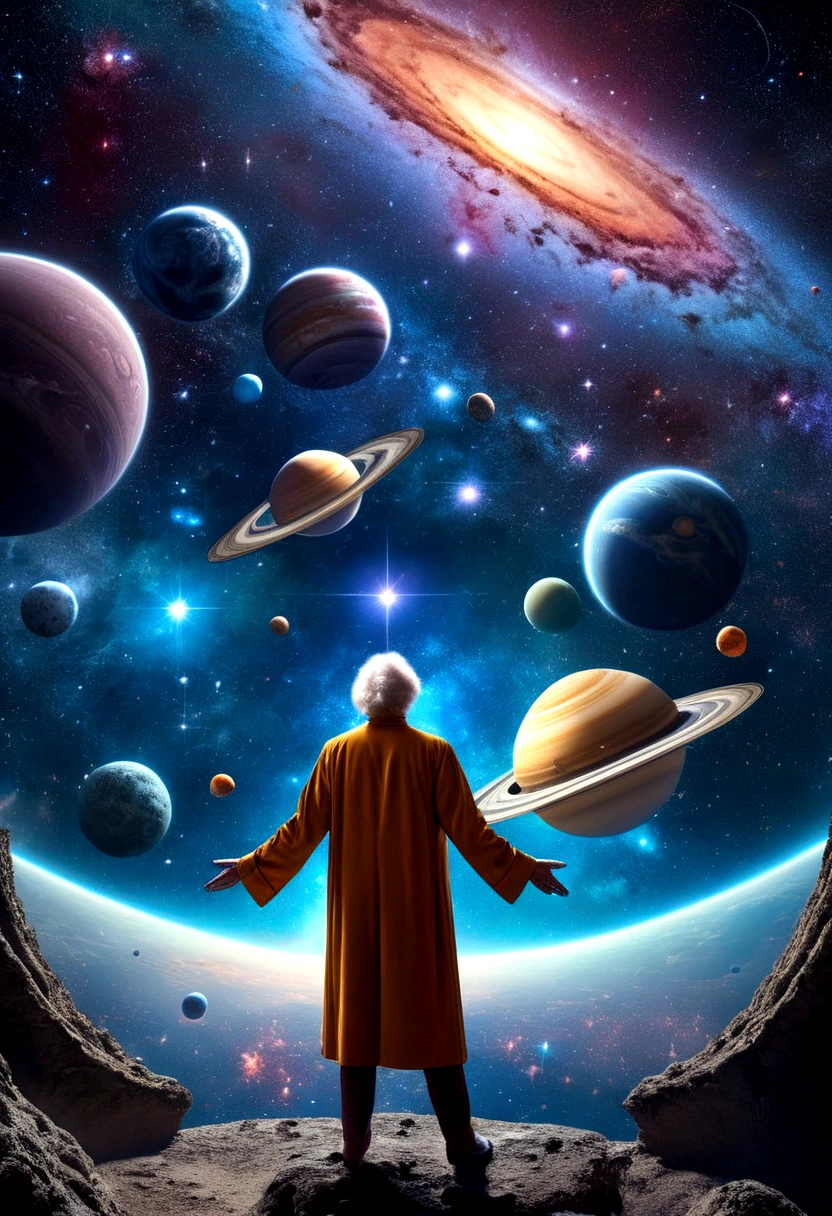(Astrologer), An astrologer is interpreting fate on a complex star chart, with ancient runes and symbols next to it. The background is a flickering image of a galaxy, full body, (Photography), panoramic view, award-winning, cinematic still, emotional, vignette, dynamic, vivid, (masterpiece, best quality, Professional, perfect composition, very aesthetic, absurdres, ultra-detailed, intricate details:1.3)