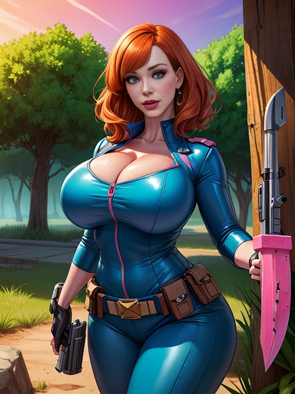 Imagine Christina Hendricks as a Fortnight character, Christina Hendricks as an video game character Christina Hendricks in a third person shooter video game, created in Drew Hill style. alluring 48 year old woman, High-quality facial research of Christina Hendricks, (Christina's sculpted cheekbones and slight wrinkles around the face), High-quality detailed research of Christina Hendricks voluptuous figure. Wearing a skin-tight blue leather suit, cleavage, utility belt, two pistols, ((holding a pink pick axe)), (((decent looking pink pick axe)))). Glamorous, confident expression, fierce and powerful stance.((aiming at the viewer with a gun)), action pose, dynamic pose. Dramatic lighting, high contrast, highly saturated colors, 8k wallpaper, Fortnight based environment, Fortnight based setting, daytime trees and rocks surrounding her
