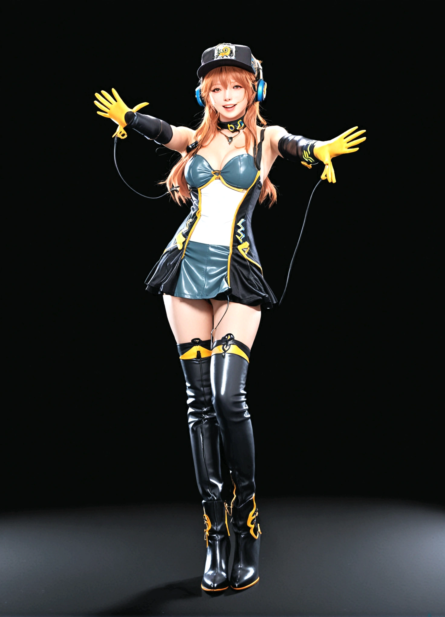 1girl, solo, long hair, , looking at viewer, smile, open mouth, bangs, simple background, red eyes, gloves, hat, dress, cleavagshoulders, medium breasts, standil body, :d, boots, choker, elbow gloves, black footwear, orange hair, high heels, tattoo, headphones, short dress, standing on one leg, knee boots, outstretched arm, black background, baseball cap, high heel boots, headset, yellow gloves