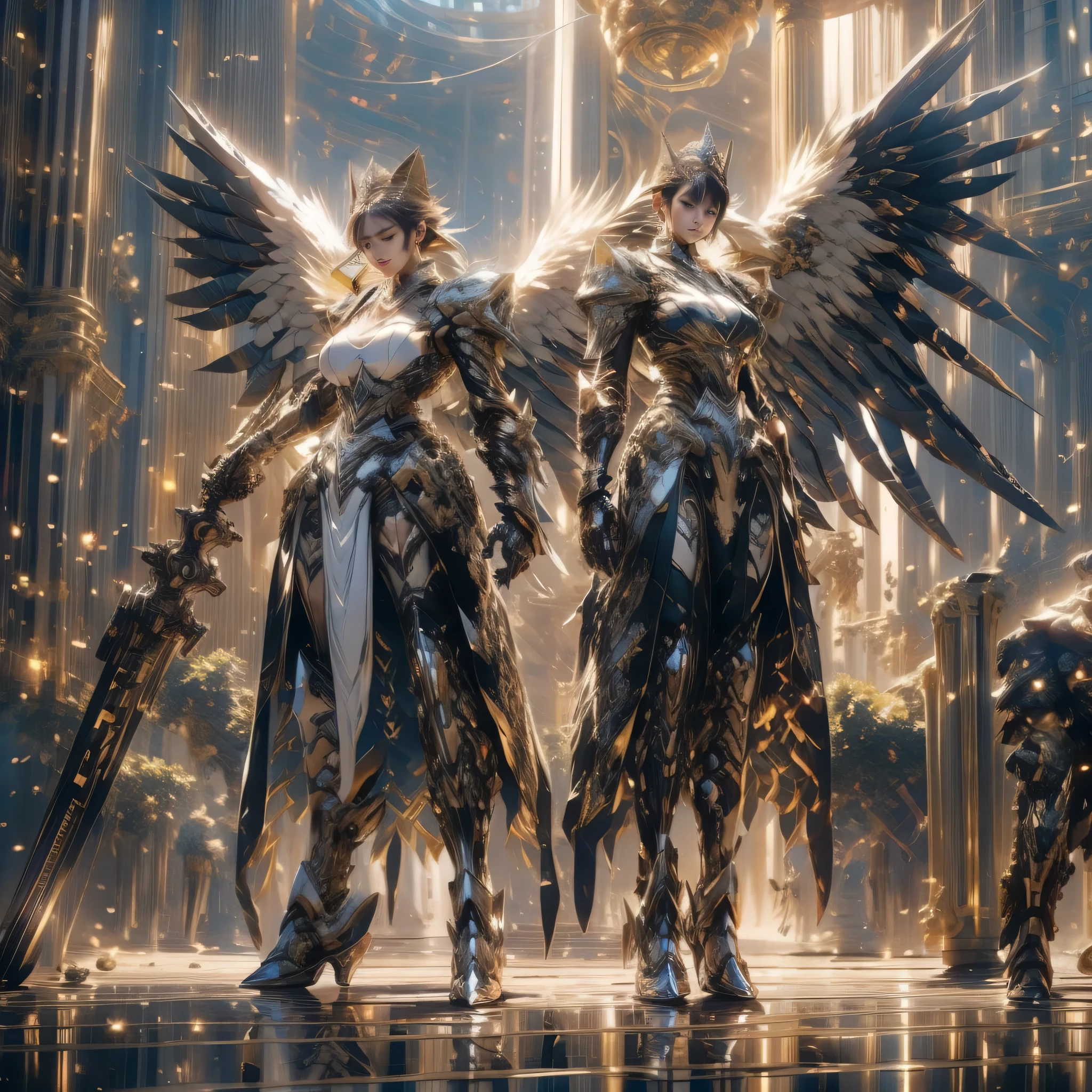 （（best qualtiy））， （（tmasterpiece））， （（Realistic））， （A detailed）， （realisticlying：1.5），illusory engine， (High detail: 1.9)，（FEMALES：1.4），（big breasts beautiful： 1.4),(carismatic:1.3)， （Large breasts）， Female angel，Black feathered wings，beuaty girl，beauitful face， looking at viewert， dynamicposes， postapocalyptic， Destroyed city background， scientific fiction， hdr， Ray traching， nvidia RTX， Hyper-Resolution， Unreal 5， sub surface scattering， PBR textures， Post-processing， Anisotropic filtering， depth of fields， Maximum clarity and sharpness， trichotomy，8K original，（Luminous Particle：1.4），（VerydetailedCG，Unity 8k Wallpaper，cinmatic lighting，lens flare glow），Reflectors，Sharp focus，black toga