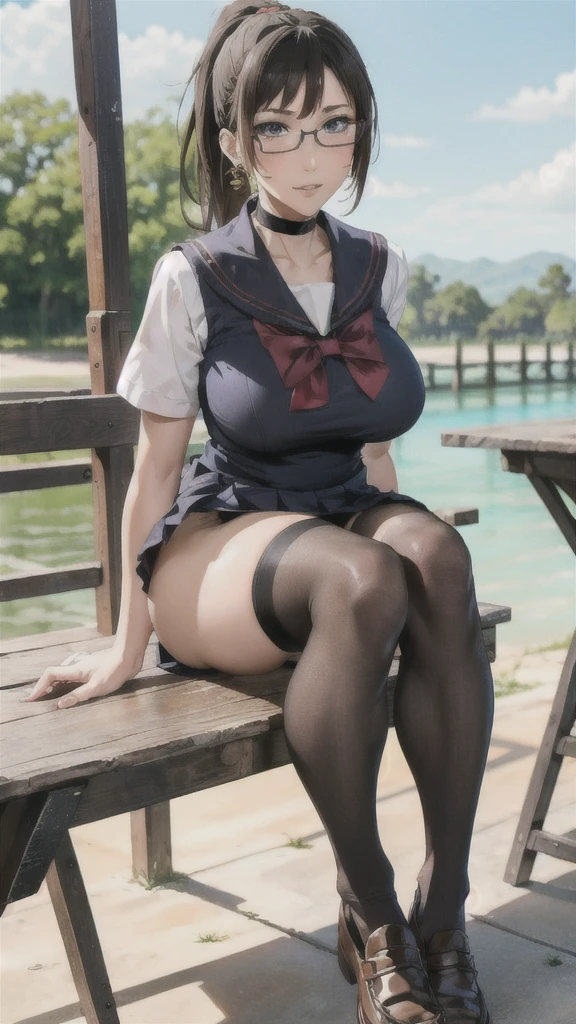 ((Correct Anatomy)),(Female student),((school uniform)),((Sailor suit)),((White lace panties)),(Mini Pleated Skirt),(((black tights))),Ultra-high resolution,Mature Woman, Mature Woman, Very detailed,Sunburned skin,Brown Skin,((Beautiful feet)),(Big Breasts),((Beautiful legs)),Perfect hands, Detailed fingers, Beautiful details, ((Long Hair)),((ponytail)),Black Choker, Earrings,loafers,Glasses,Embarrassing,Perfect Eyes, Captivating eyes,(School)