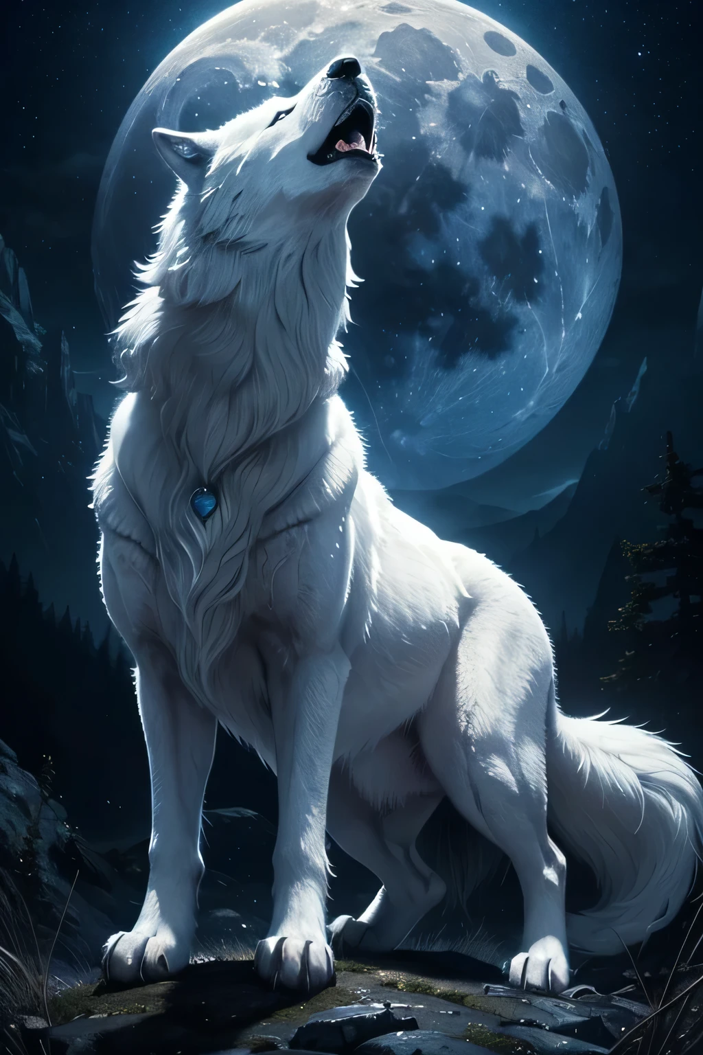 A majestic white female wolf stands proudly atop a picturesque hill, Howling on the moon, illuminated by the soft glow of the full moon. The sky above is a canvas of twinkling stars, adding to the enchanting and mystical atmosphere. In the backdrop, the moon shines brightly, casting long shadows below the wolf. Its piercing blue eyes gleam with an air of ancient wisdom, as it roars with a fierce energy that echoes across the night. The white fur on its body is meticulously detailed, glowing under the moonlight, showcasing the wolf's powerful physique and primal beauty. This captivating scene is a masterpiece of dark fantasy art, perfectly portraying