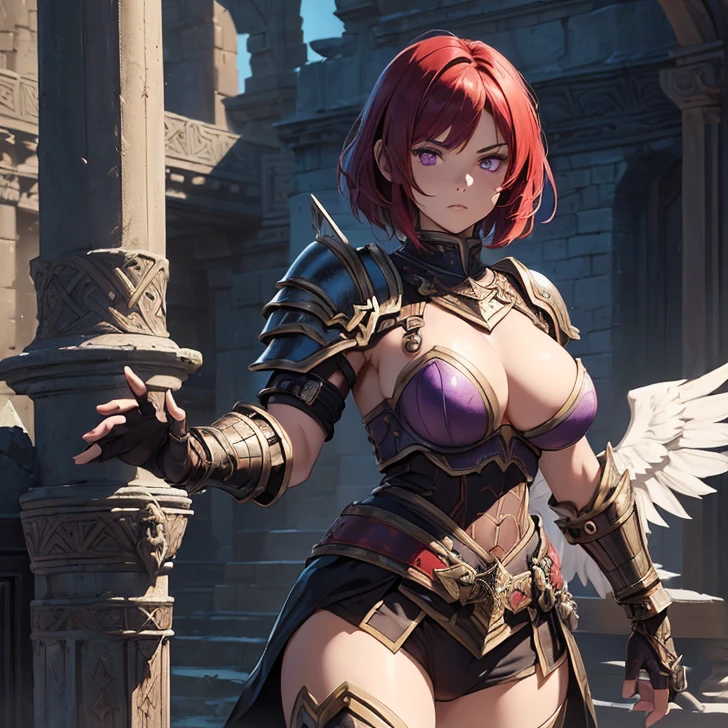(absurdres, high fantasy artwork, best high quality image, carefuly detailed, very detailed features and textures, warcraft-aesthetic)
{{1character: barbarian girl, (her appearance: scarlet red short hair, purple eyes with black pupils, very thin lips, white skin), (she wears: full bulky knight armor, full bulky shoulder plates, full armored bulky breast plate armor, full gauntlets plates, full elbow plates, full plate boots), ((winged broad sword))), (fighting position, very serious face, no sense of humor), (Scenery: Wooden irish cotage with ancient Greek forniture and celtic forniture)}}