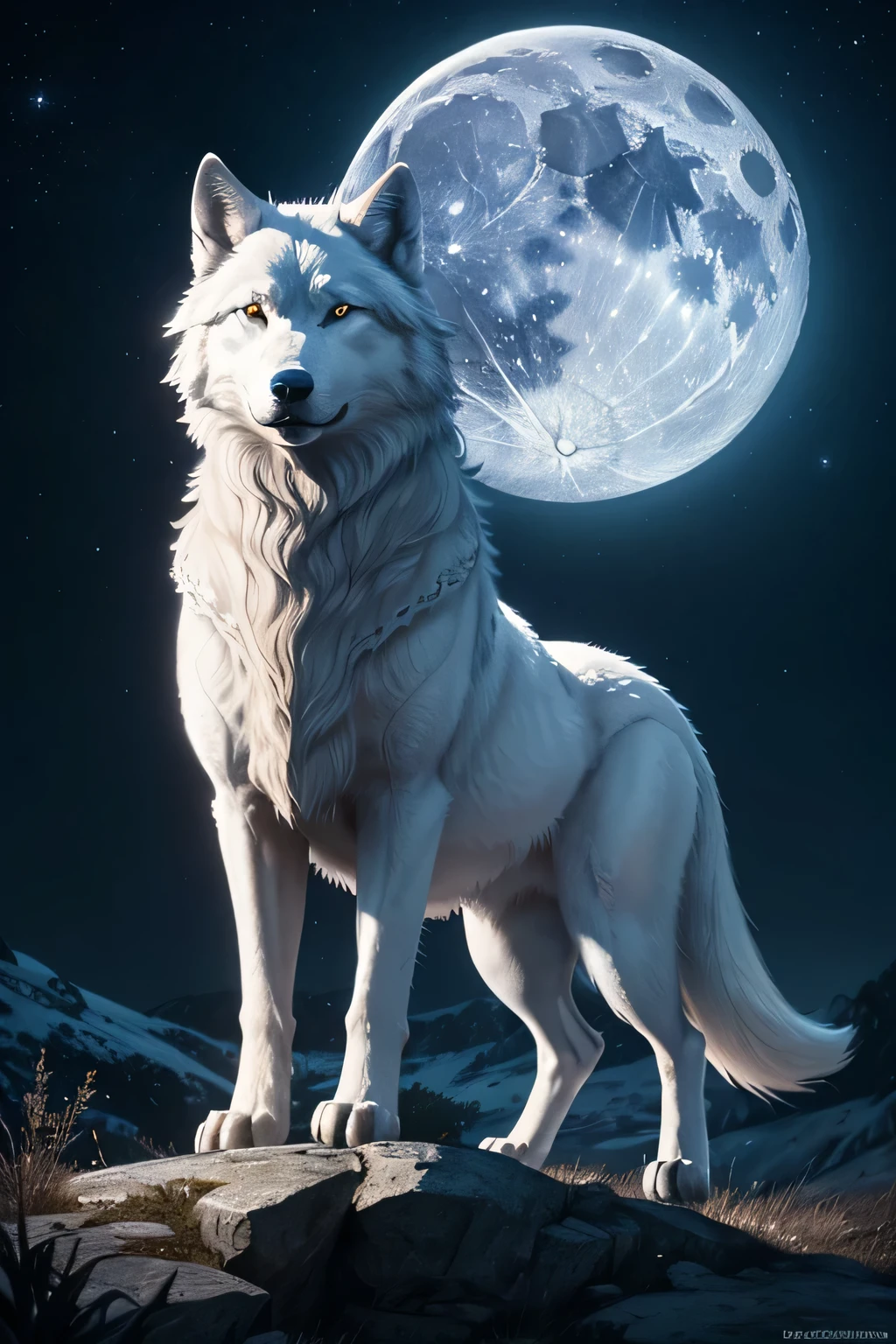 A majestic white female wolf stands proudly atop a picturesque hill, Howling on the moon, illuminated by the soft glow of the full moon. The sky above is a canvas of twinkling stars, adding to the enchanting and mystical atmosphere. In the backdrop, the moon shines brightly, casting long shadows below the wolf. Its piercing blue eyes gleam with an air of ancient wisdom, as it roars with a fierce energy that echoes across the night. The white fur on its body is meticulously detailed, glowing under the moonlight, showcasing the wolf's powerful physique and primal beauty. This captivating scene is a masterpiece of dark fantasy art, perfectly portraying