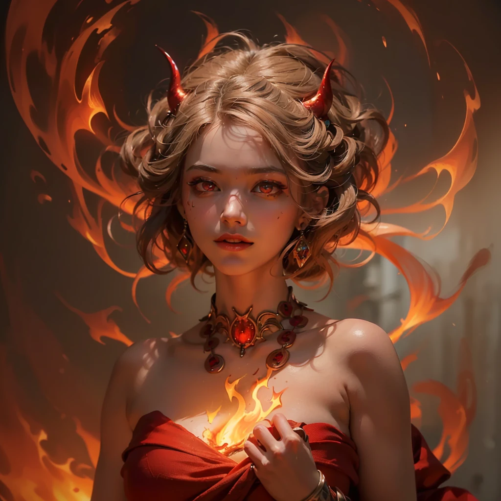 (Numerous award-winning masterpieces, incredibly detailed, Texture and maximum detail), (hyper realistic:1.4), (realistic:1.3), (Top quality real textured skin), (Detailed circular symmetrical eyes), A face depicted in detail, ((medieval world)), (full body portrait:1.6), ((The Flame of the Lord The Devil)), ((The Devil, the Lord's Hellfire)), (Eyes like brightly burning ice), (Full body standing image:1.6), (She has a mischievous smile on her face), (eyes glowing red in the dark:1.5), (A pair of red eyes with intense red light radiating from within.:1.5), (Full body standing image:1.5), (배경에서 swirling flames과 불꽃), (dramatic light), (a majestic sight), (Her face is gentle and beautiful, But it&#39;s somehow scary), glass earrings for ears, (dramatic photo:1.4), (gives Full body standing image:1.5), ((dramatic pose)), (golden hair), (silver hair), (Chestnut fur), Short hair, ((I look up)), ((looking down)), (Around her neck hangs a simple necklace with exquisite workmanship..), (Bio-luminescence with brilliant light:1.3), (Use gorgeous fire magic:1.2), (swirling flames), Devil&#39;s Crusade, Devil&#39;s Crusade, big temple, cathedral, temple ruins, separate temple, (shining magic circle), ancient castle ruins, Shining majestic cloud clumps and sky, wildfire, epic realistic, withered, Art, (Greg Rutkowski:0.8), (turquoise and orange:0.4), (Art station:1.5), cinematic, ((neutral color)), (HDR:1.5), (muted colors:1.2), very detailed, dramatic light, (intricate details:1.1), complex background,