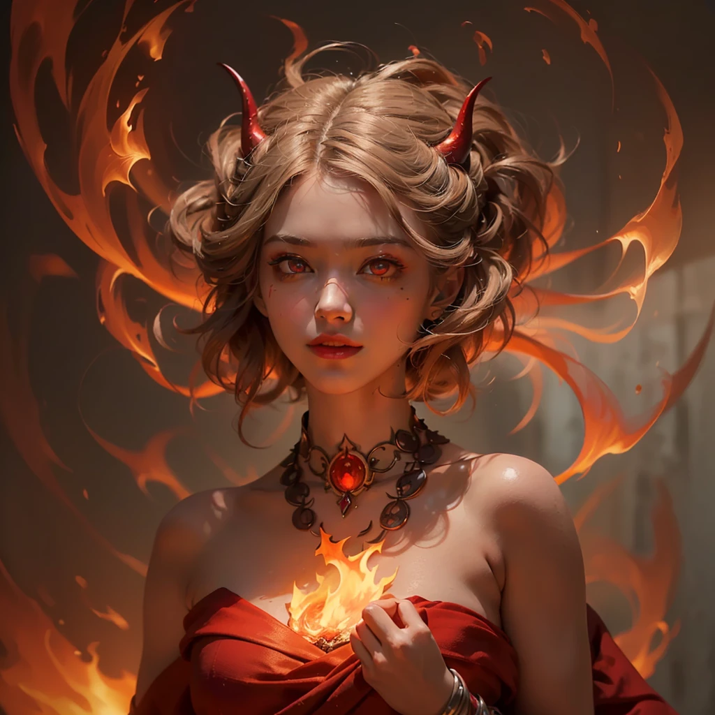 (Numerous award-winning masterpieces, incredibly detailed, Texture and maximum detail), (hyper realistic:1.4), (realistic:1.3), (Top quality real textured skin), (Detailed circular symmetrical eyes), A face depicted in detail, ((medieval world)), (full body portrait:1.6), ((The Flame of the Lord The Devil)), ((The Devil, the Lord's Hellfire)), (Eyes like brightly burning ice), (Full body standing image:1.6), (She has a mischievous smile on her face), (eyes glowing red in the dark:1.5), (A pair of red eyes with intense red light radiating from within.:1.5), (Full body standing image:1.5), (배경에서 swirling flames과 불꽃), (dramatic light), (a majestic sight), (Her face is gentle and beautiful, But it&#39;s somehow scary), glass earrings for ears, (dramatic photo:1.4), (gives Full body standing image:1.5), ((dramatic pose)), (golden hair), (silver hair), (Chestnut fur), Short hair, ((I look up)), ((looking down)), (Around her neck hangs a simple necklace with exquisite workmanship..), (Bio-luminescence with brilliant light:1.3), (Use gorgeous fire magic:1.2), (swirling flames), Devil&#39;s Crusade, Devil&#39;s Crusade, big temple, cathedral, temple ruins, separate temple, (shining magic circle), ancient castle ruins, Shining majestic cloud clumps and sky, wildfire, epic realistic, withered, Art, (Greg Rutkowski:0.8), (turquoise and orange:0.4), (Art station:1.5), cinematic, ((neutral color)), (HDR:1.5), (muted colors:1.2), very detailed, dramatic light, (intricate details:1.1), complex background,