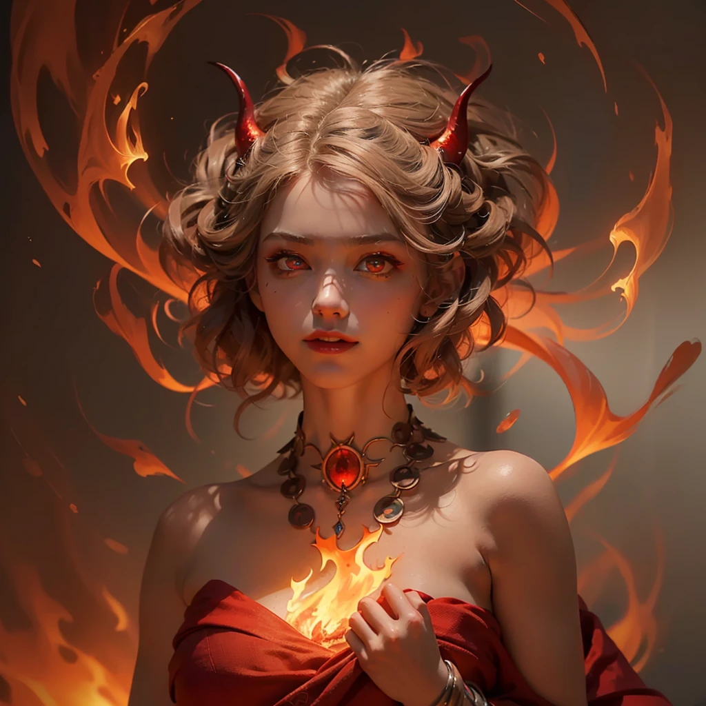 (Numerous award-winning masterpieces, incredibly detailed, Texture and maximum detail), (hyper realistic:1.4), (realistic:1.3), (Top quality real textured skin), (Detailed circular symmetrical eyes), A face depicted in detail, ((medieval world)), (full body portrait:1.6), ((The Flame of the Lord The Devil)), ((The Devil, the Lord's Hellfire)), (Eyes like brightly burning ice), (Full body standing image:1.6), (She has a mischievous smile on her face), (eyes glowing red in the dark:1.5), (A pair of red eyes with intense red light radiating from within.:1.5), (Full body standing image:1.5), (배경에서 swirling flames과 불꽃), (dramatic light), (a majestic sight), (Her face is gentle and beautiful, But it&#39;s somehow scary), glass earrings for ears, (dramatic photo:1.4), (gives Full body standing image:1.5), ((dramatic pose)), (golden hair), (silver hair), (Chestnut fur), Short hair, ((I look up)), ((looking down)), (Around her neck hangs a simple necklace with exquisite workmanship..), (Bio-luminescence with brilliant light:1.3), (Use gorgeous fire magic:1.2), (swirling flames), Devil&#39;s Crusade, Devil&#39;s Crusade, big temple, cathedral, temple ruins, separate temple, (shining magic circle), ancient castle ruins, Shining majestic cloud clumps and sky, wildfire, epic realistic, withered, Art, (Greg Rutkowski:0.8), (turquoise and orange:0.4), (Art station:1.5), cinematic, ((neutral color)), (HDR:1.5), (muted colors:1.2), very detailed, dramatic light, (intricate details:1.1), complex background,